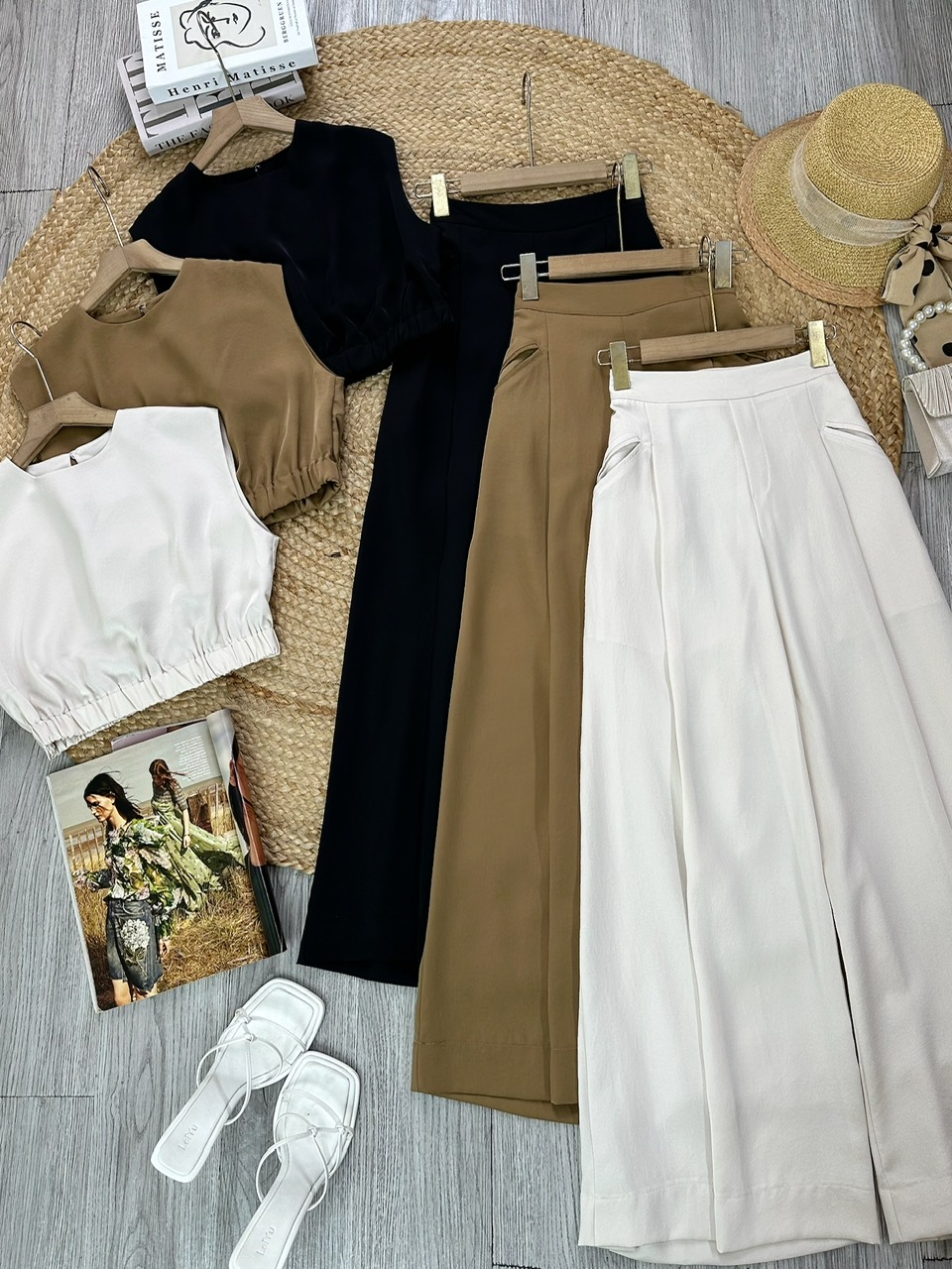 Set Bộ Trơn Nữ Áo Sát Cổ Tròn Nách Độn Vai Mix Quần Dáng Dài Đi Tiệc MIMIX - FL9