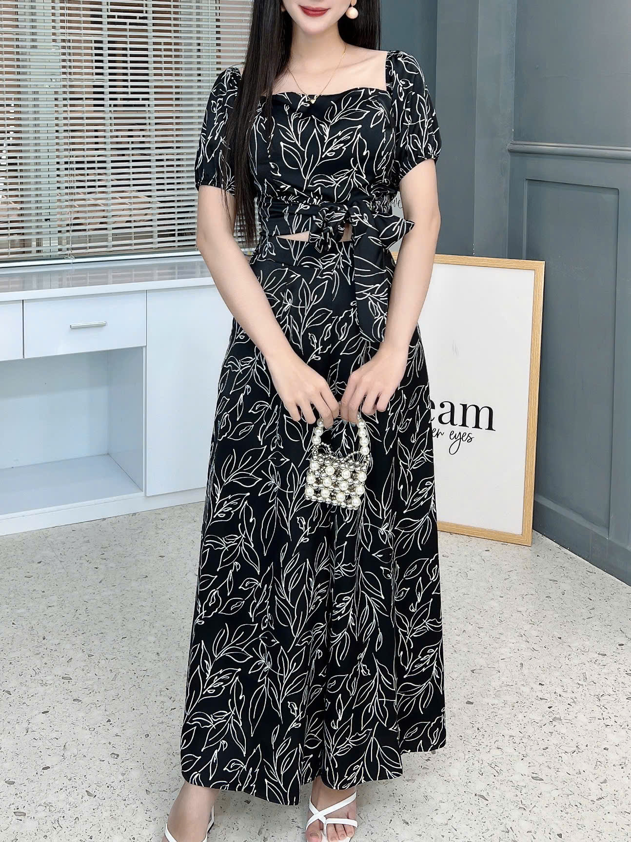 Set Áo Tay Bí Cổ Vuông Đắp Chéo Lưng Mix Quần Dáng Dài Chất Lụa Mango Đi Du Lịch MIMIX - FM1