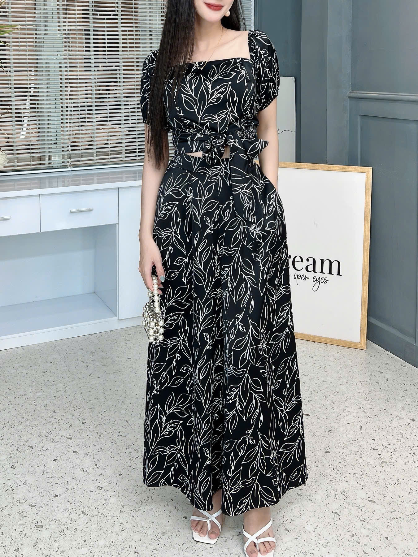 Set Áo Tay Bí Cổ Vuông Đắp Chéo Lưng Mix Quần Dáng Dài Chất Lụa Mango Đi Du Lịch MIMIX - FM1