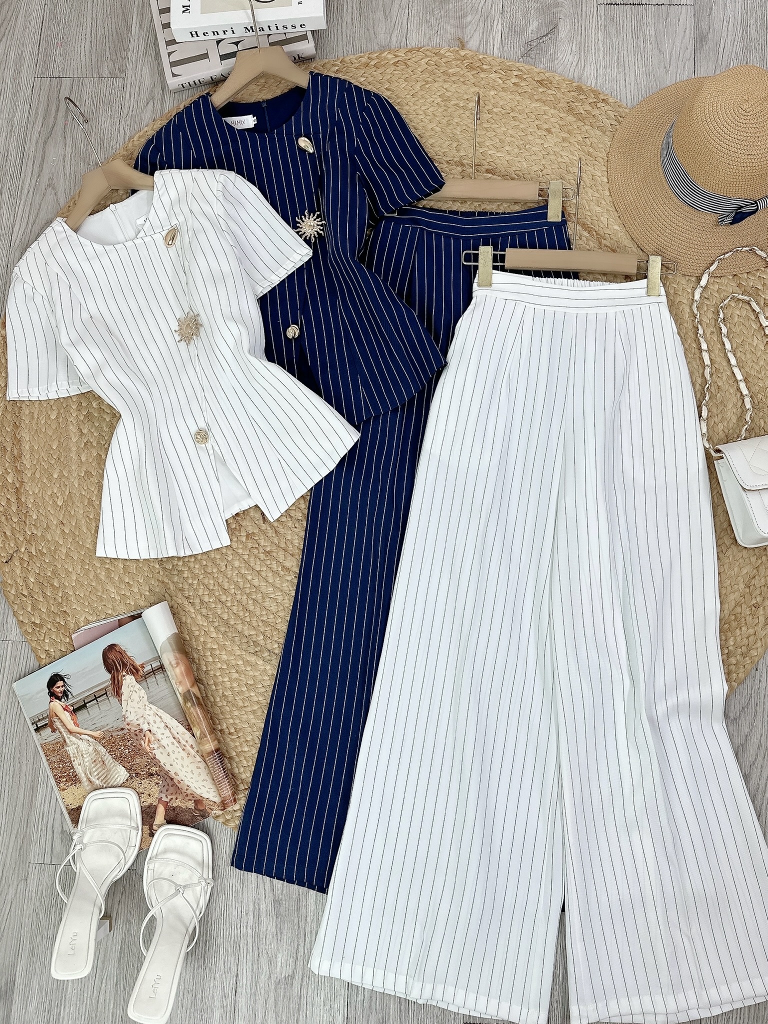 Set Bộ Vest Áo Cổ Tròn Phối Nút Kim Loại Cài Xéo Mix Quần Dài Chất Chéo Hàn Kẻ Sọc Công Sở MIMIX - FM2