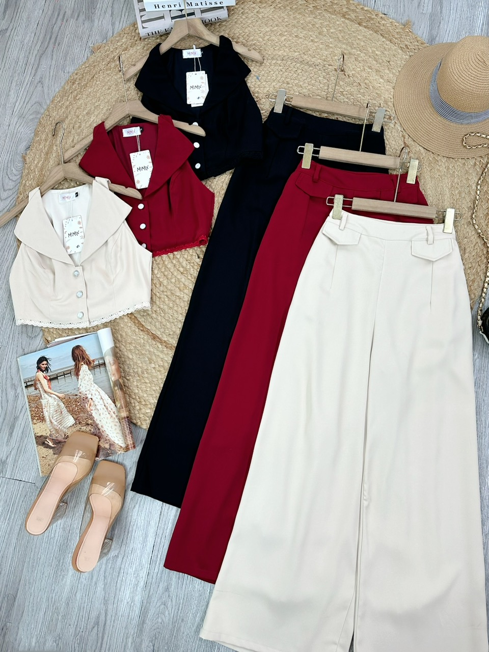 Set Bộ Nữ Áo Vest Sát Nách Lai Viền Ren Mix Quần Dáng Dài Chất Trượt Chéo Công Sở MIMIX - FM6