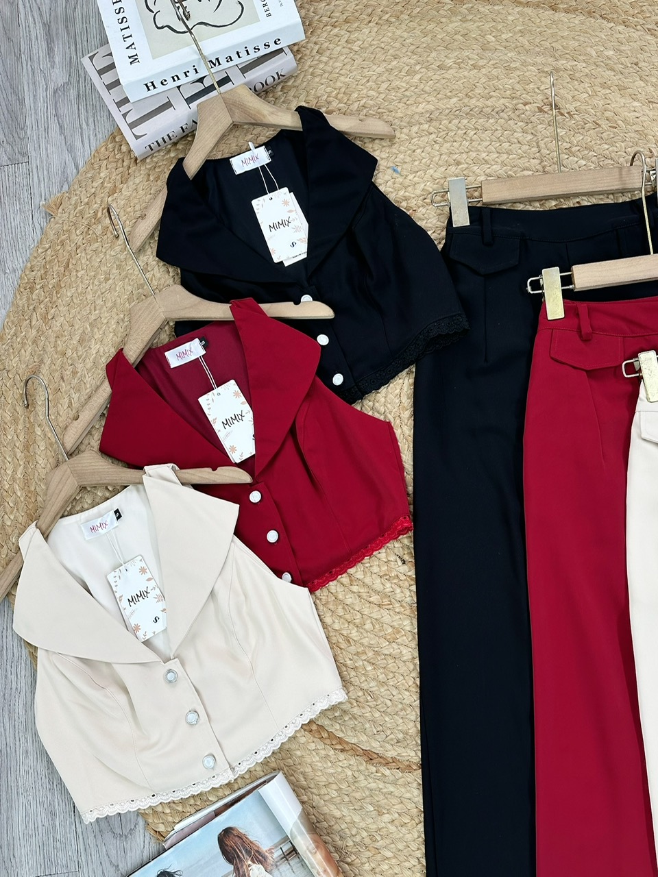 Set Bộ Nữ Áo Vest Sát Nách Lai Viền Ren Mix Quần Dáng Dài Chất Trượt Chéo Công Sở MIMIX - FM6