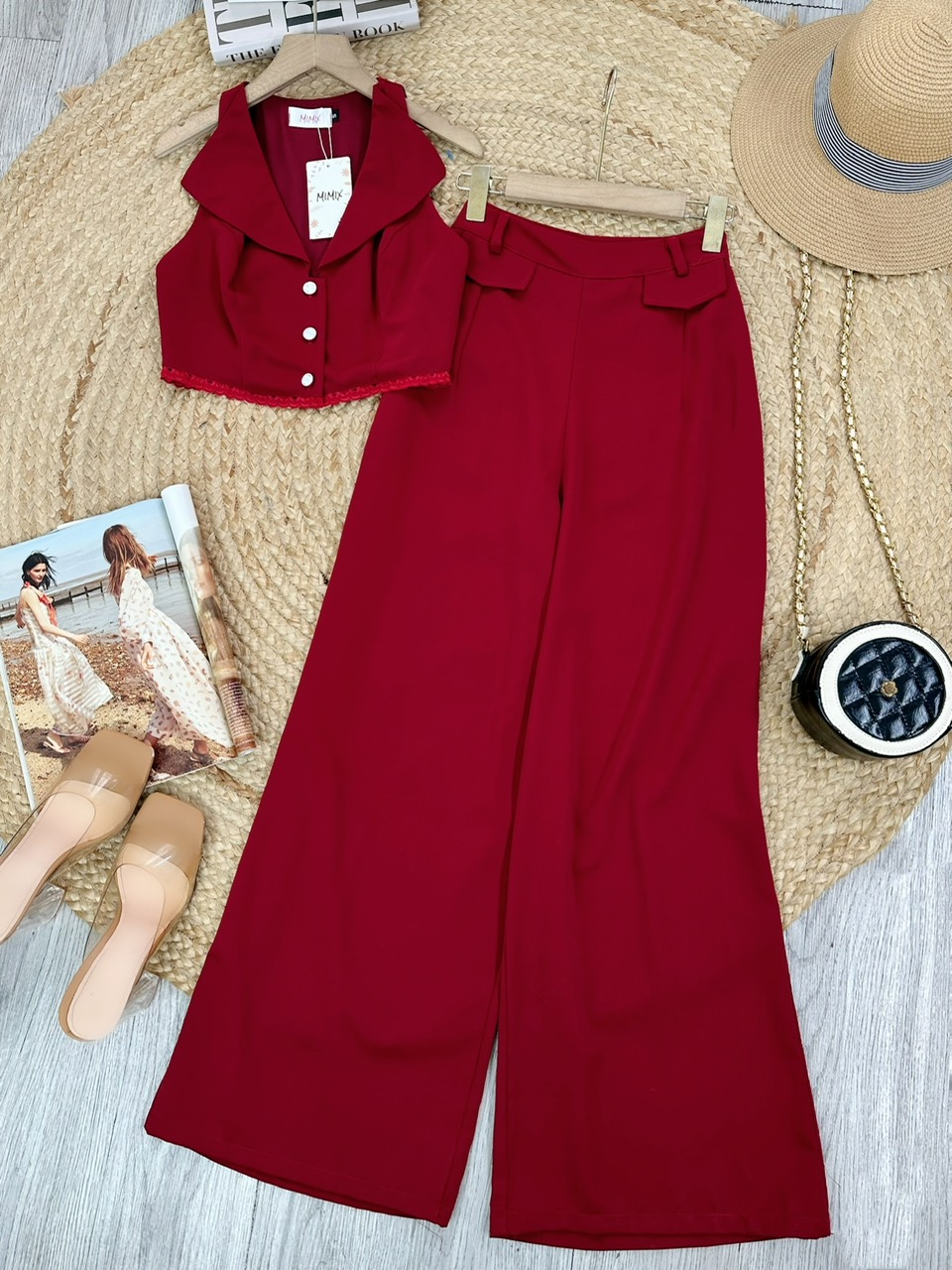 Set Bộ Nữ Áo Vest Sát Nách Lai Viền Ren Mix Quần Dáng Dài Chất Trượt Chéo Công Sở MIMIX - FM6