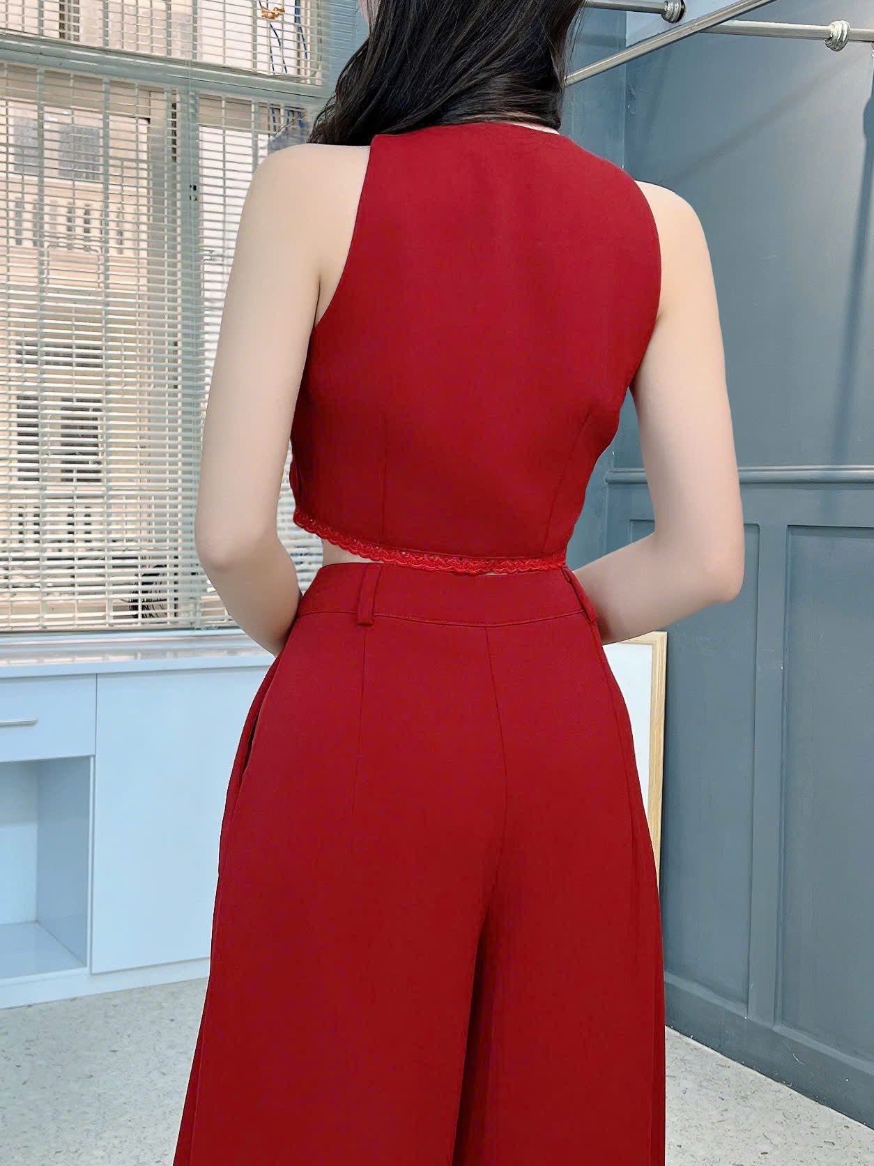 Set Bộ Nữ Áo Vest Sát Nách Lai Viền Ren Mix Quần Dáng Dài Chất Trượt Chéo Công Sở MIMIX - FM6