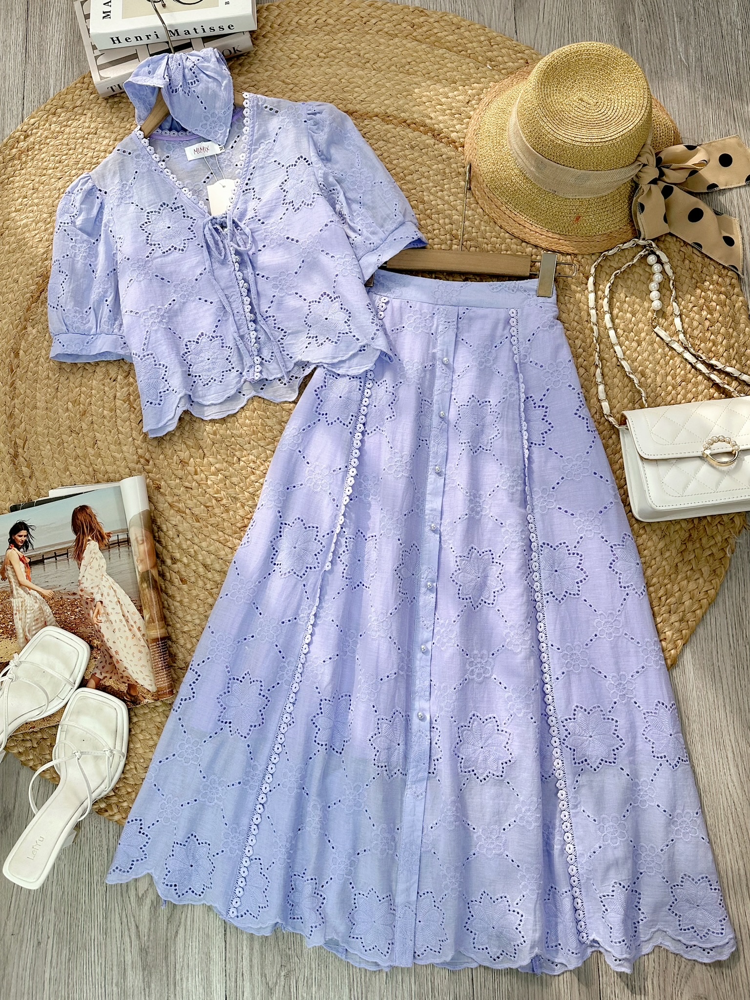 Set Váy Nữ Áo Nơ Mix Chân Váy Viền Ren Dọc Chất Boi Thêu Đi Du Lịch MIMIX - FM7