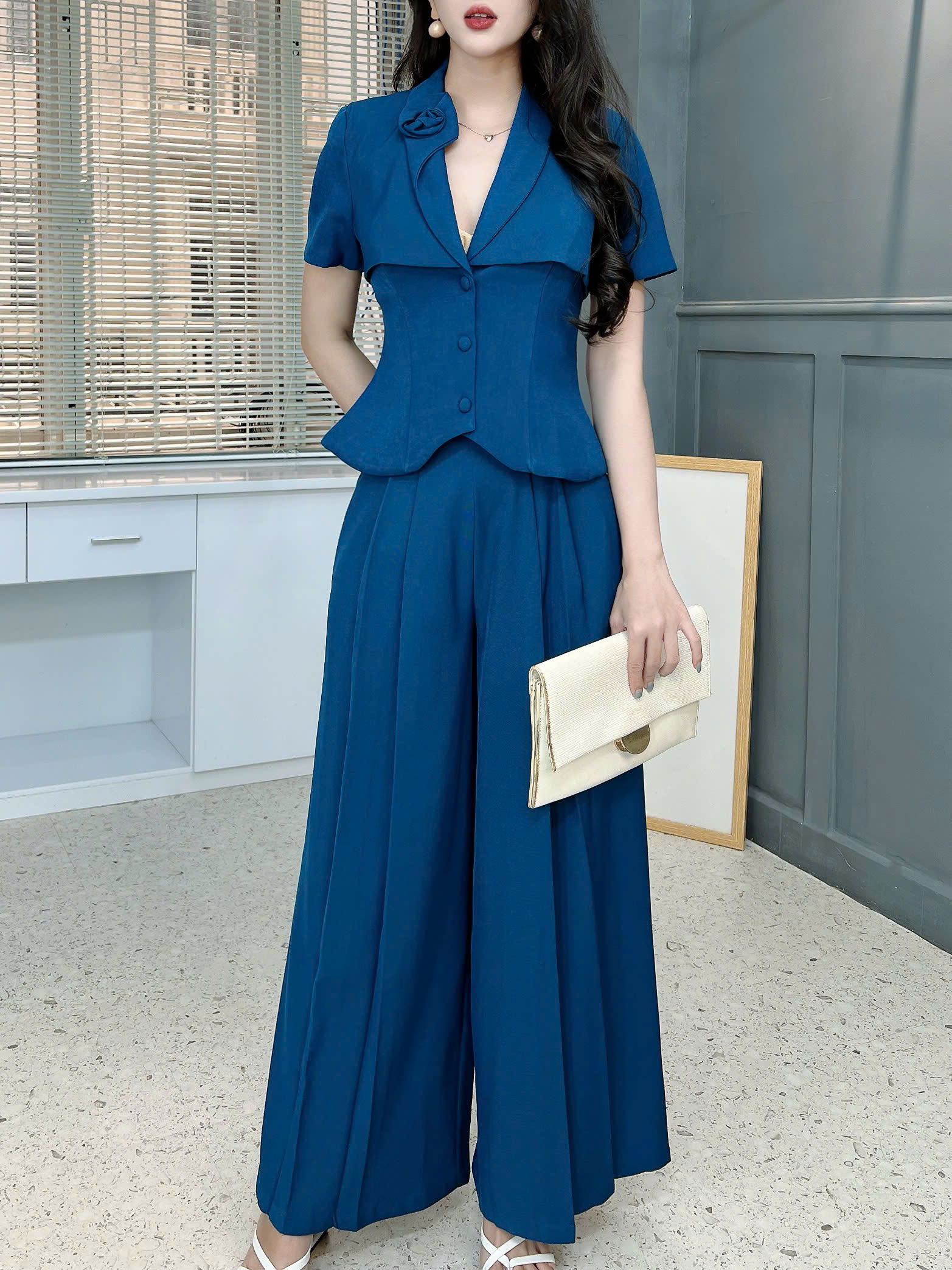 Set Áo Vest Cổ Hoa Mix Quần Dáng Dài Chất Chéo Hàn Công Sở MIMIX - FM8