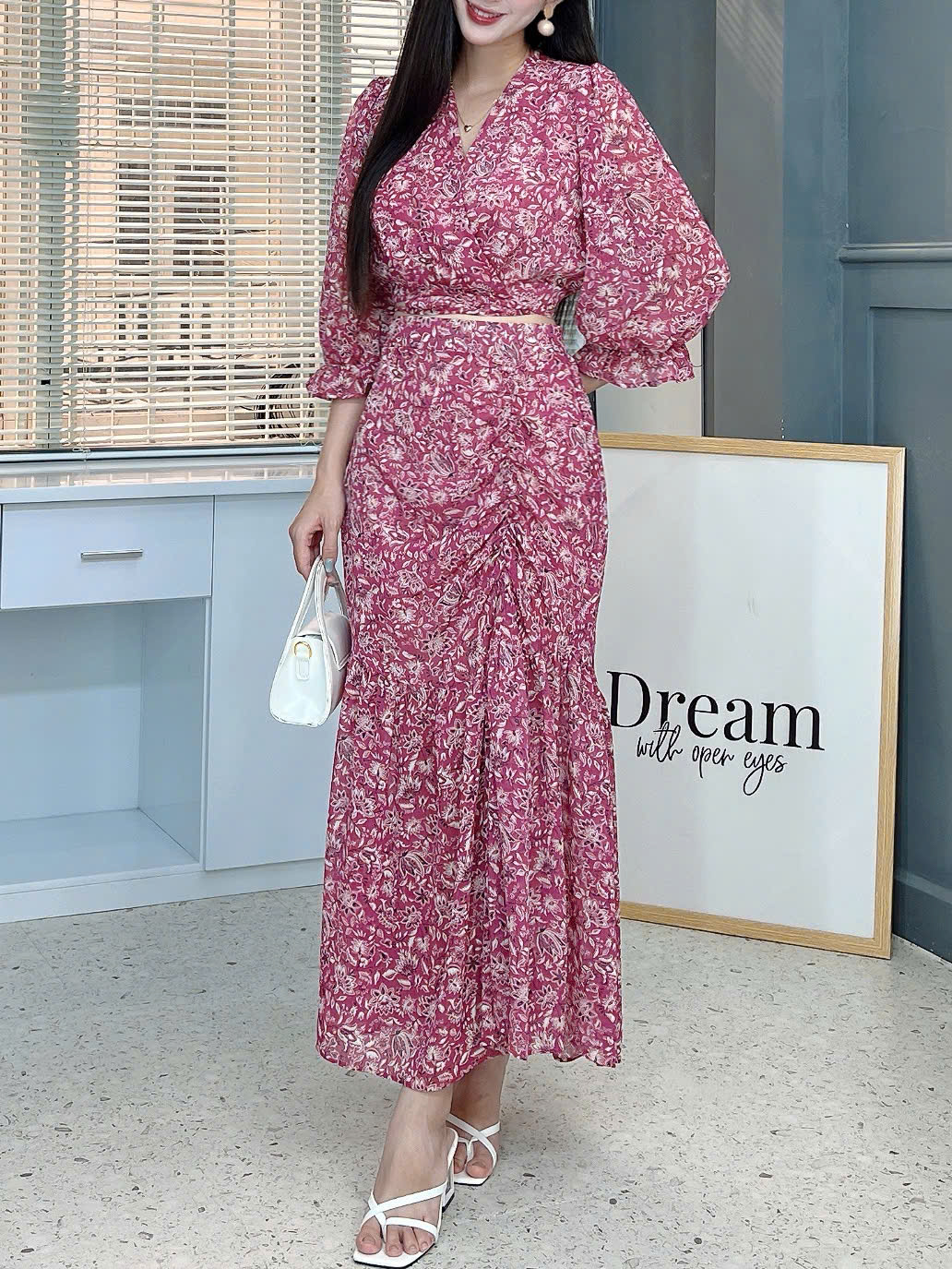 Set Áo Đắp Chéo Hoa Nữ Mix Chân Váy Rút Bên Chất Tơ IC Đi Tiệc MIMIX - FM9