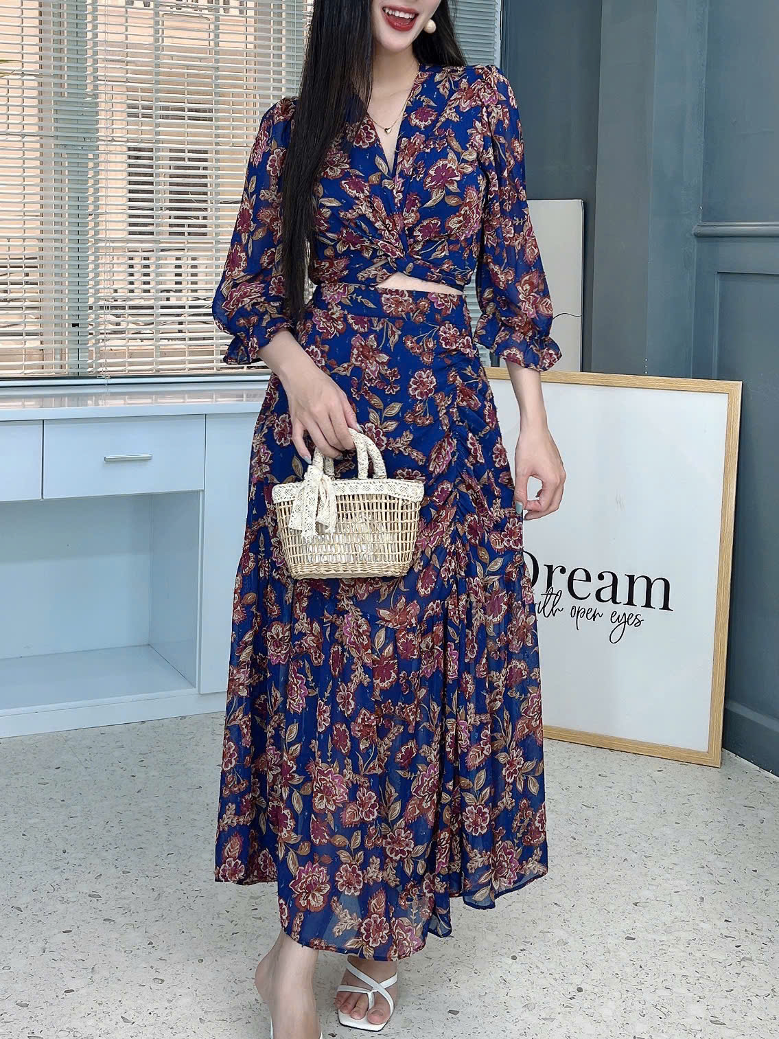 Set Áo Đắp Chéo Hoa Nữ Mix Chân Váy Rút Bên Chất Tơ IC Đi Tiệc MIMIX - FM9