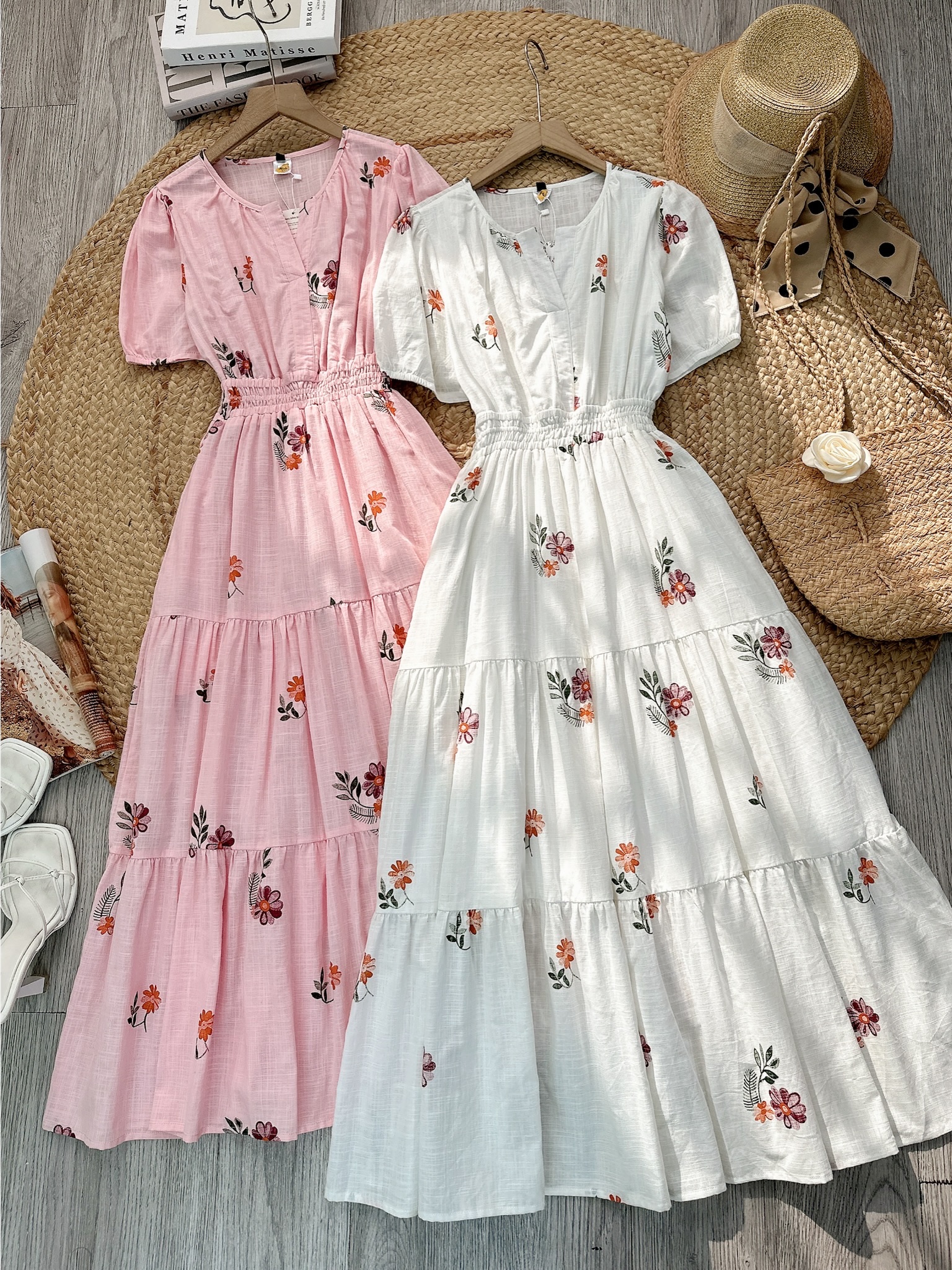 Đầm Maxi Nữ Cổ Tròn Bo Eo Chất Cotton Sước In Hoa Đi Biển MIMIX - FN0