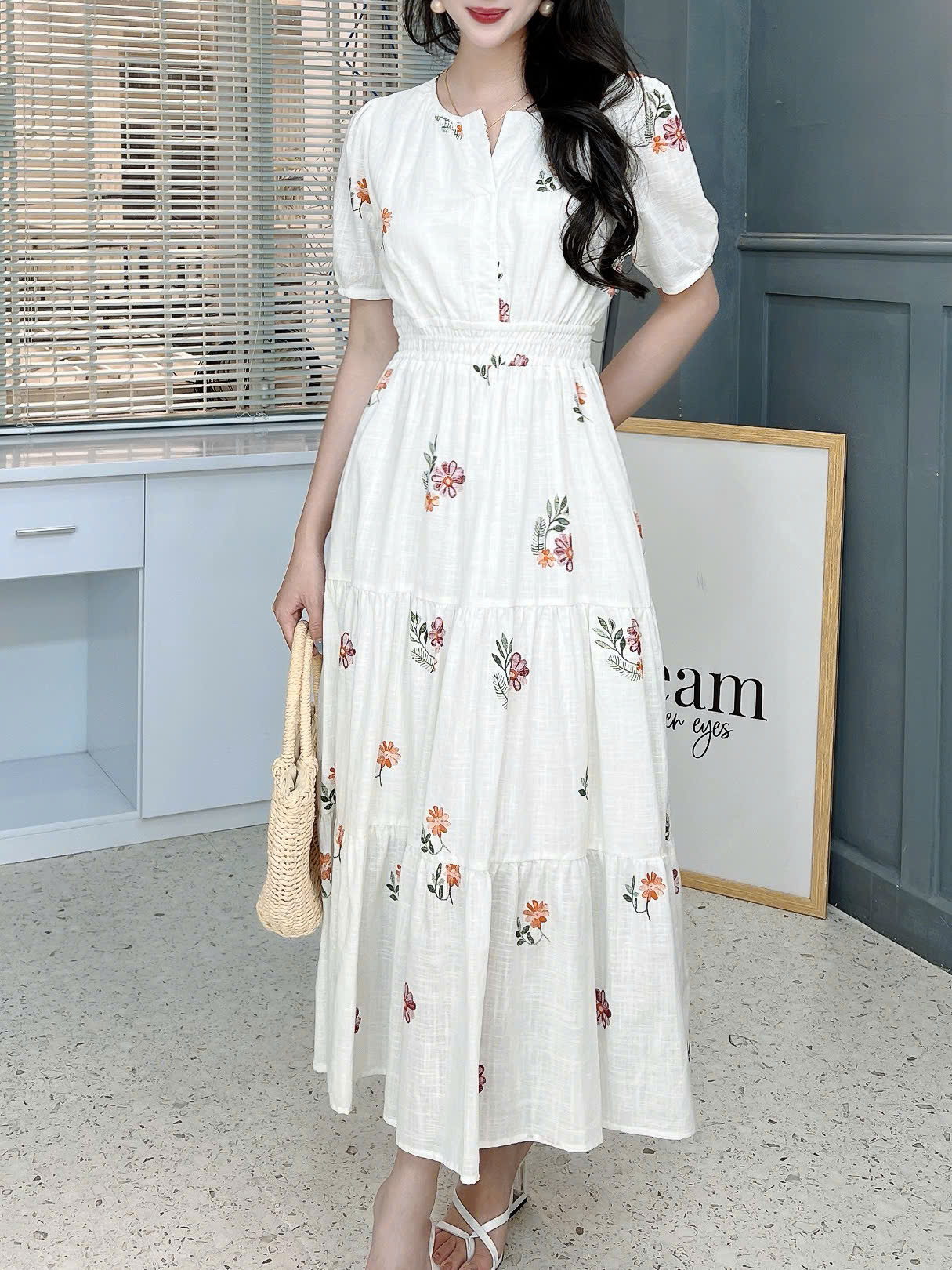 Đầm Maxi Nữ Cổ Tròn Bo Eo Chất Cotton Sước In Hoa Đi Biển MIMIX - FN0