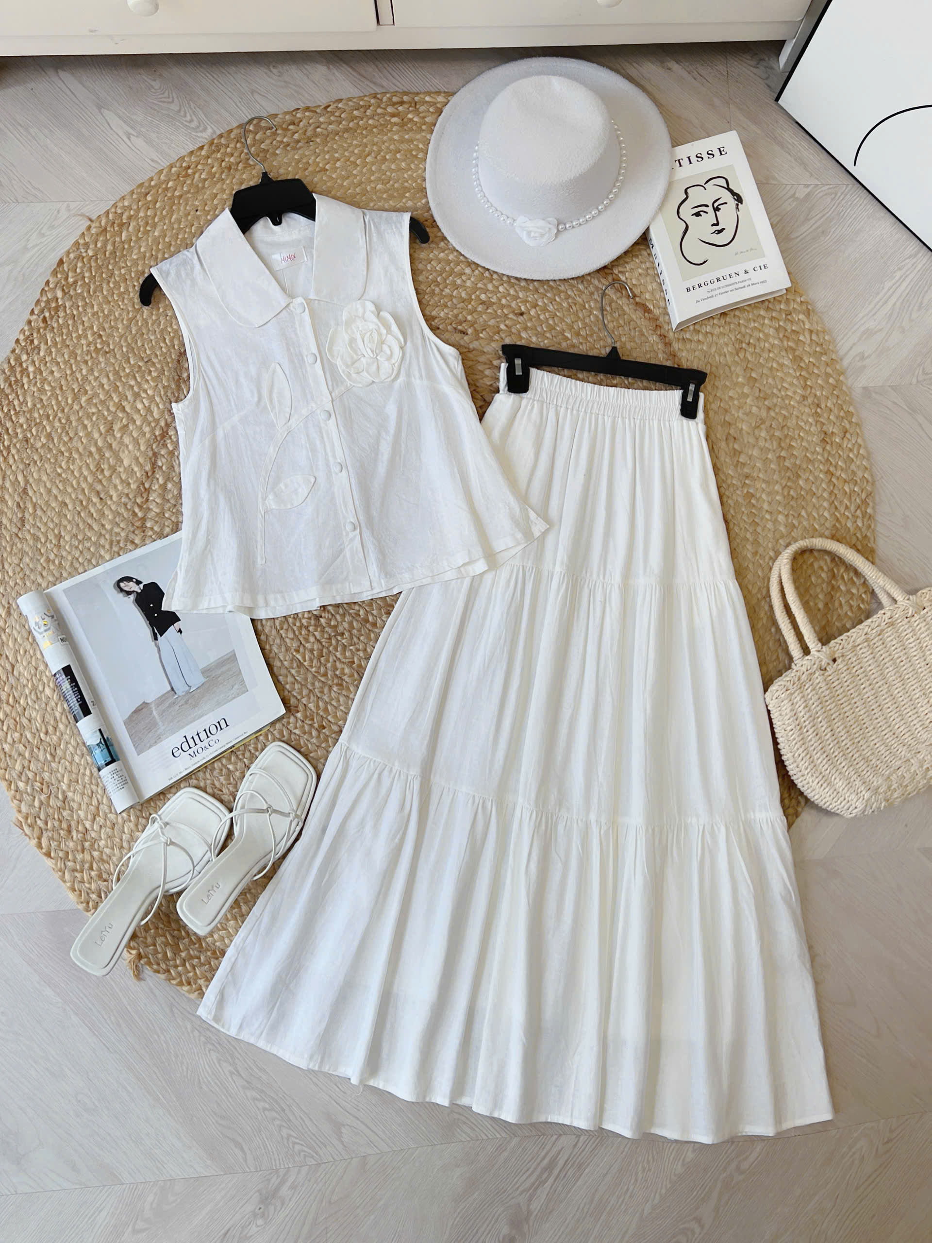 FH3 - Set Váy Nữ Áo Cổ Sen Phối Hoa 3D Mix Chân Váy Dáng Dài Xòe Chất Linen Tưng Cotton Đi Tiệc MIMIX