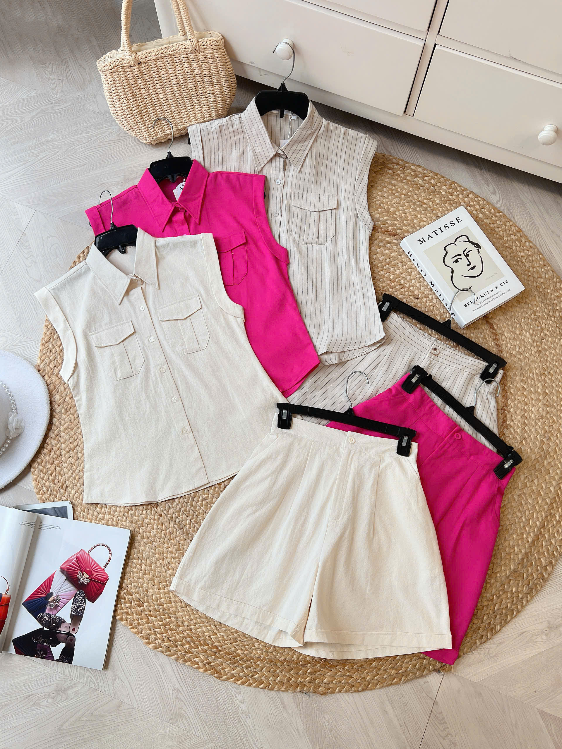 FS8 -  Set Short Nữ Áo Sơ Mi Sát Nách Mix Quần Ngắn Chất Linen Đi Biển MIMIX