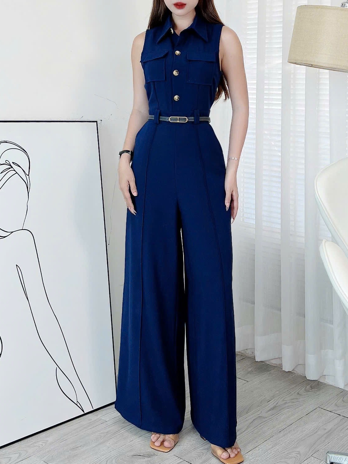 Jumpsuit Trơn Cổ Sơ Mi Phối Túi Hộp Khóa Kéo Lưng Chất Cotton Mền Đi Tiệc Đi Làm MIMIX - ER0