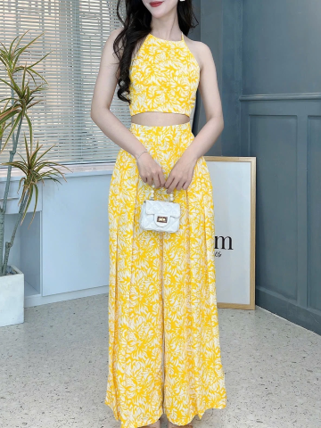 Set Bộ Hoa Nữ Áo Yếm Mix Quần Dáng Dài Xếp Ly Trước Chất Châu Tol Đi Biển MIMIX - FA4