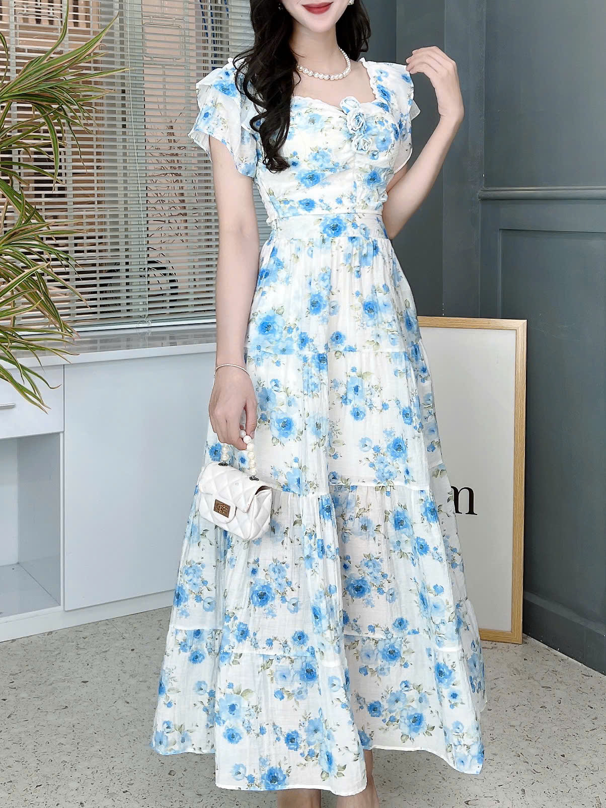 Set Bộ Áo Nhún Vai Bèo Và Chân Váy Xòe 4 Tầng Chất  Tơ Cotton In Hoa Đi Du Lịch MIMIX - FF7