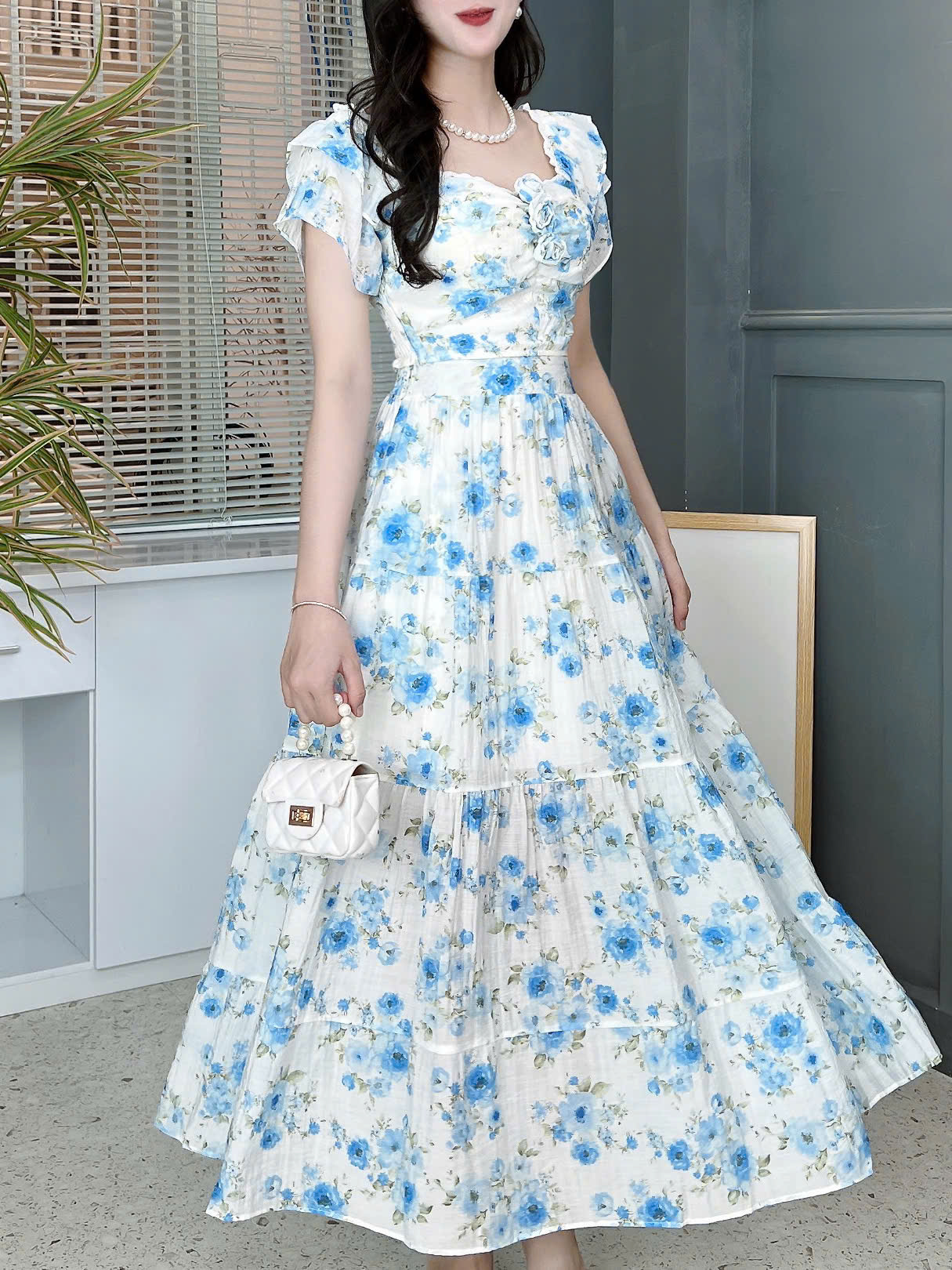Set Bộ Áo Nhún Vai Bèo Và Chân Váy Xòe 4 Tầng Chất  Tơ Cotton In Hoa Đi Du Lịch MIMIX - FF7