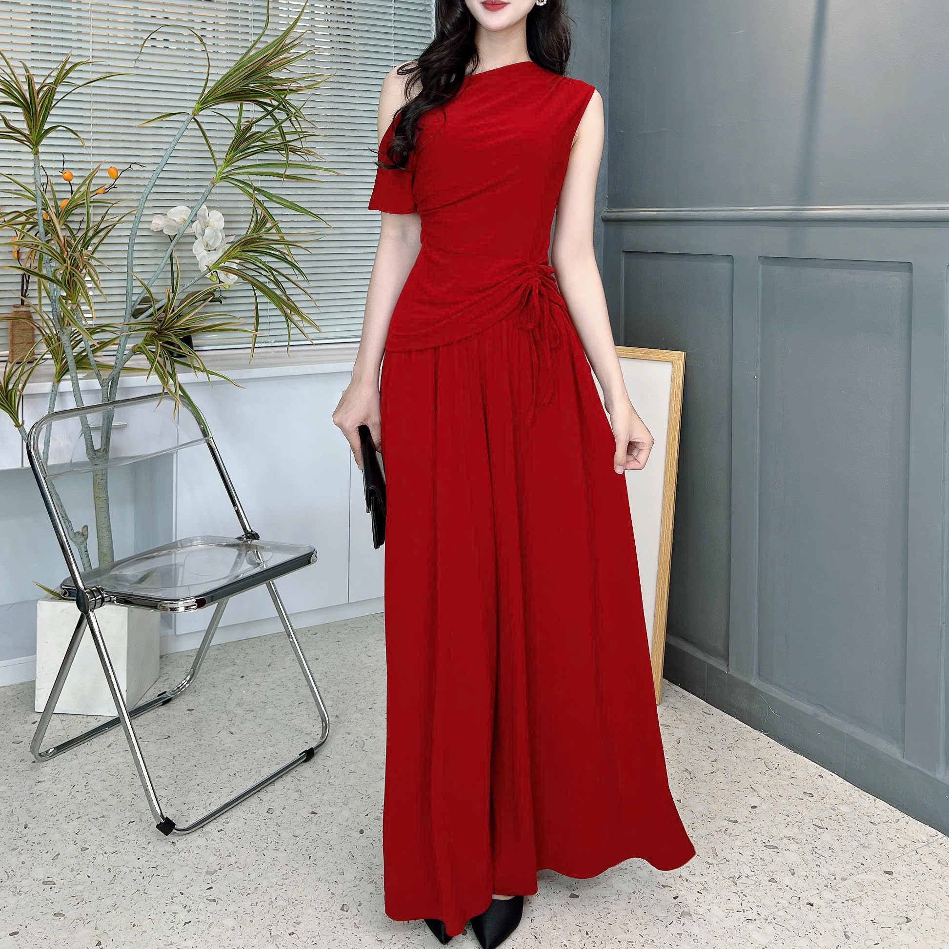 Set Bộ Trơn Áo Lệch Vai Phối Rút Eo Mix Quần Dáng Dài Chất Thun Rayon Đi Dạo Phố MIMIX - FE9