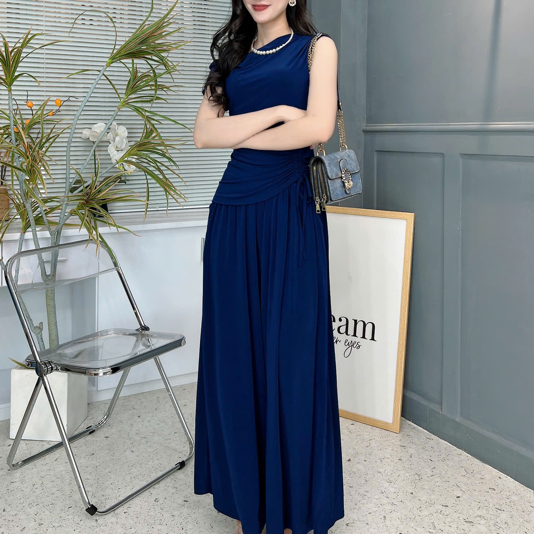 Set Bộ Trơn Áo Lệch Vai Phối Rút Eo Mix Quần Dáng Dài Chất Thun Rayon Đi Dạo Phố MIMIX - FE9