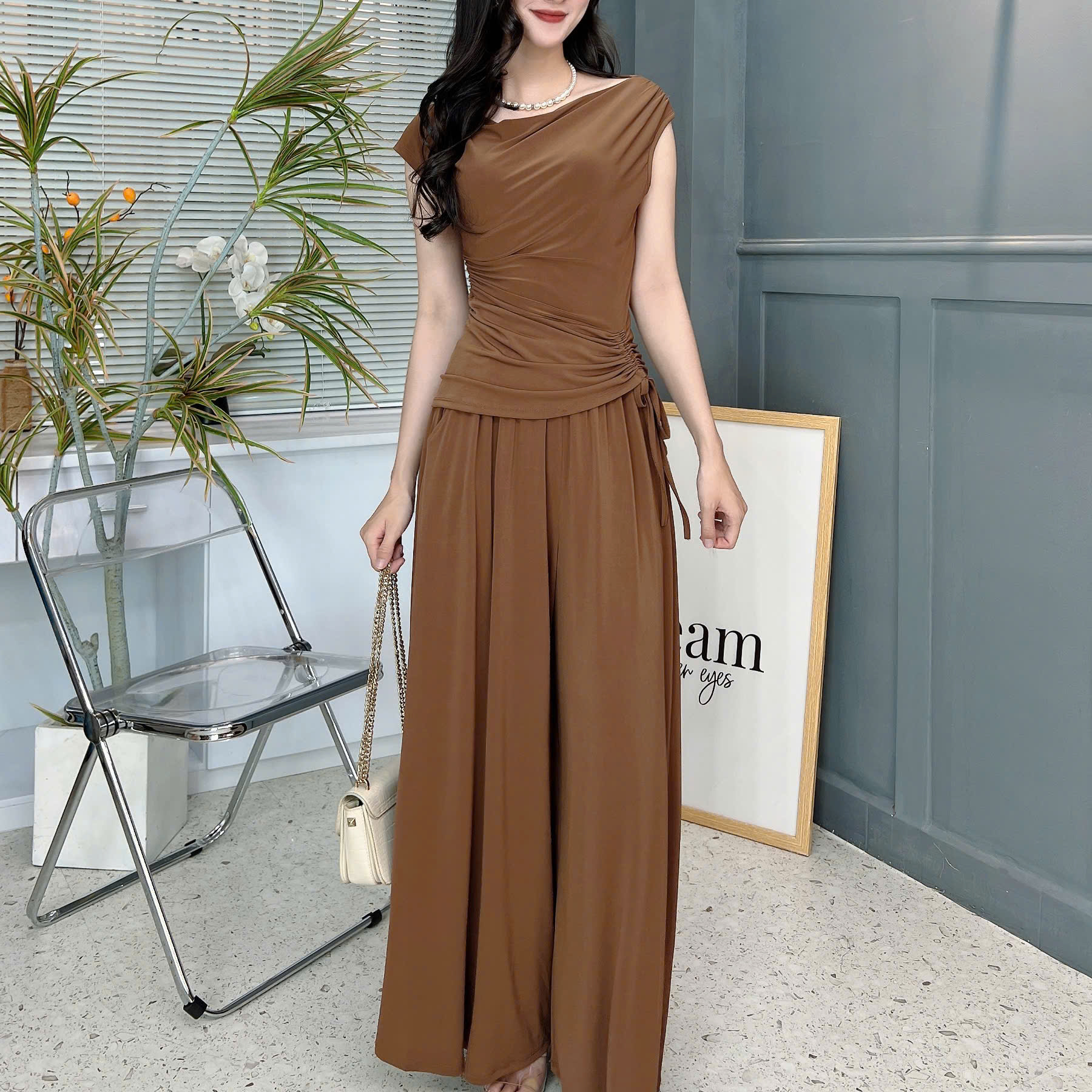 Set Bộ Trơn Áo Lệch Vai Phối Rút Eo Mix Quần Dáng Dài Chất Thun Rayon Đi Dạo Phố MIMIX - FE9