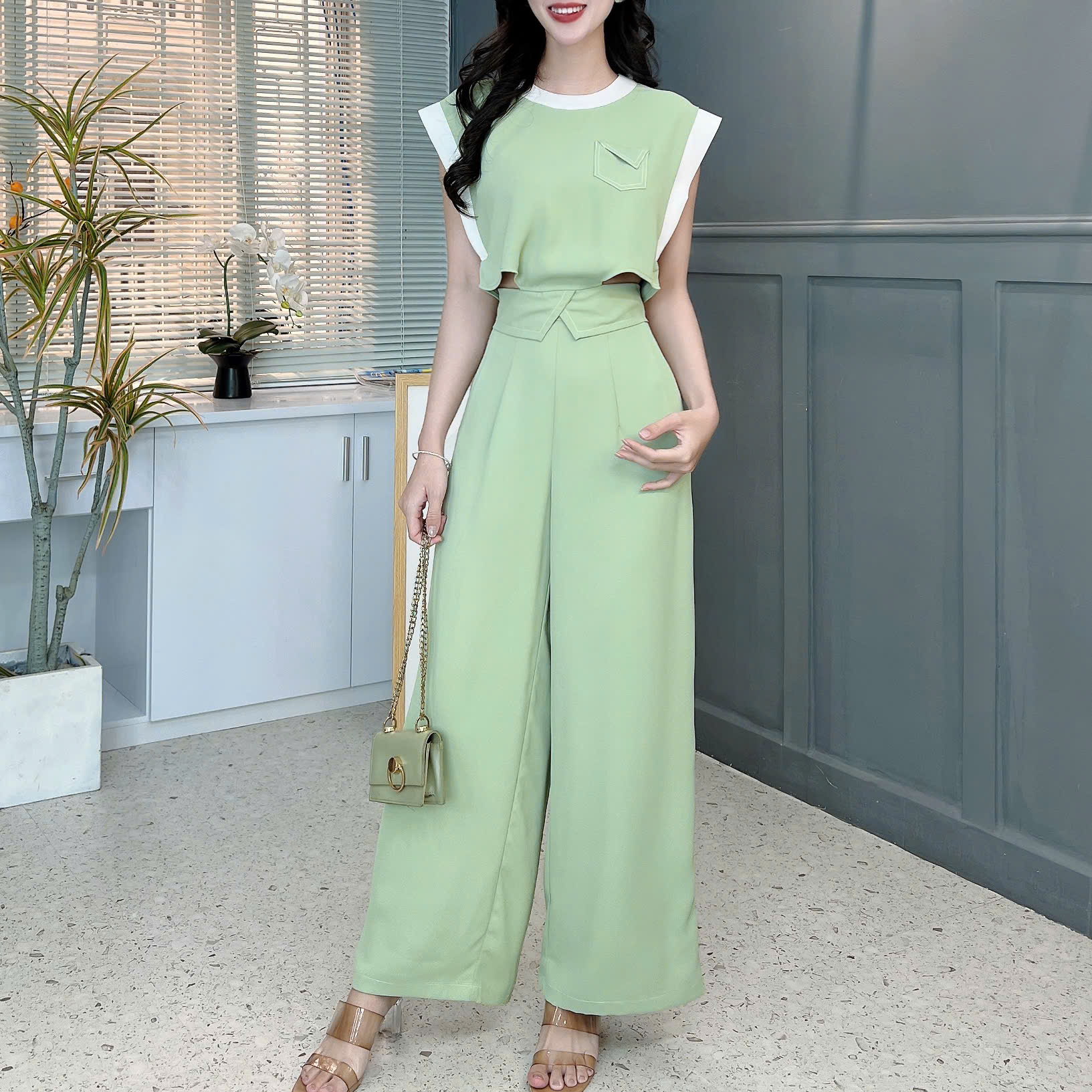 Set Bộ Trơn Áo Sát Nách Viền Trắng Mix Quần Dáng Dài Chất Lụa Trượt Chéo Đi Làm MIMIX - FC4