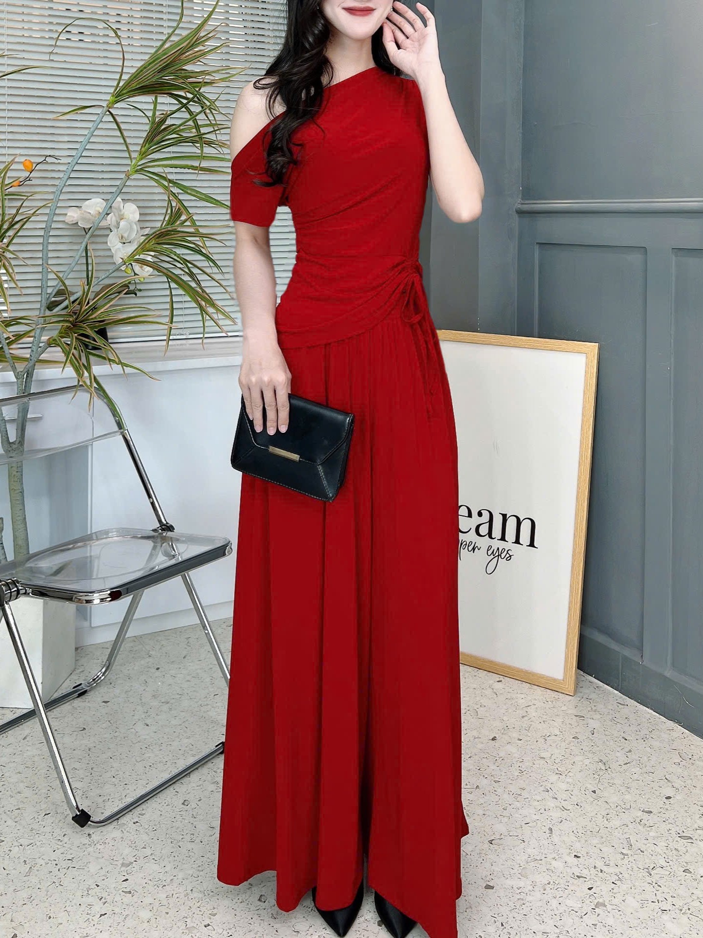 Set Bộ Trơn Áo Lệch Vai Phối Rút Eo Mix Quần Dáng Dài Chất Thun Rayon Đi Dạo Phố MIMIX - FE9