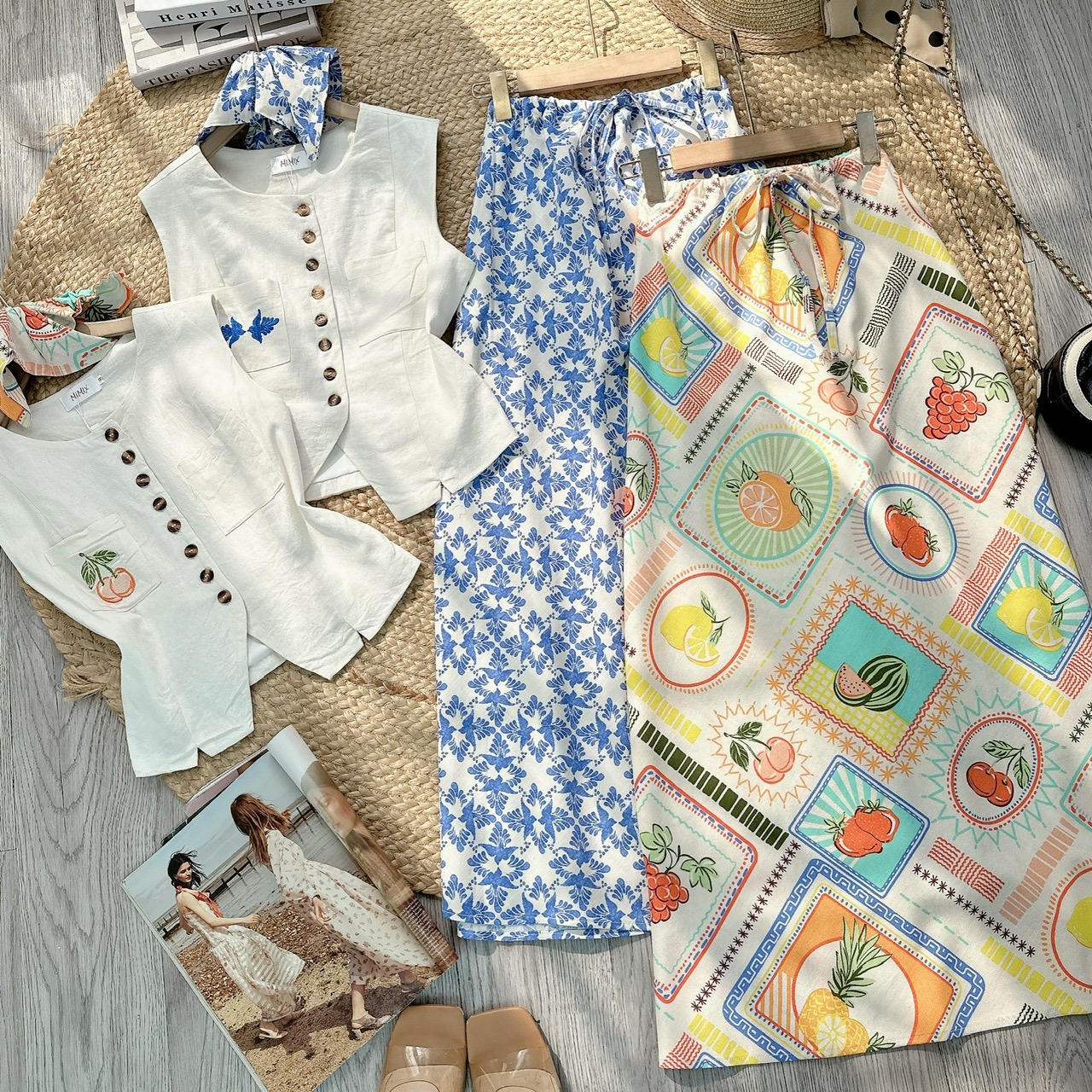 Set Bộ Thêu Áo Gile Mix Chân Váy Họa Tiết Chất Linen Đi Biển MIMIX - FE5