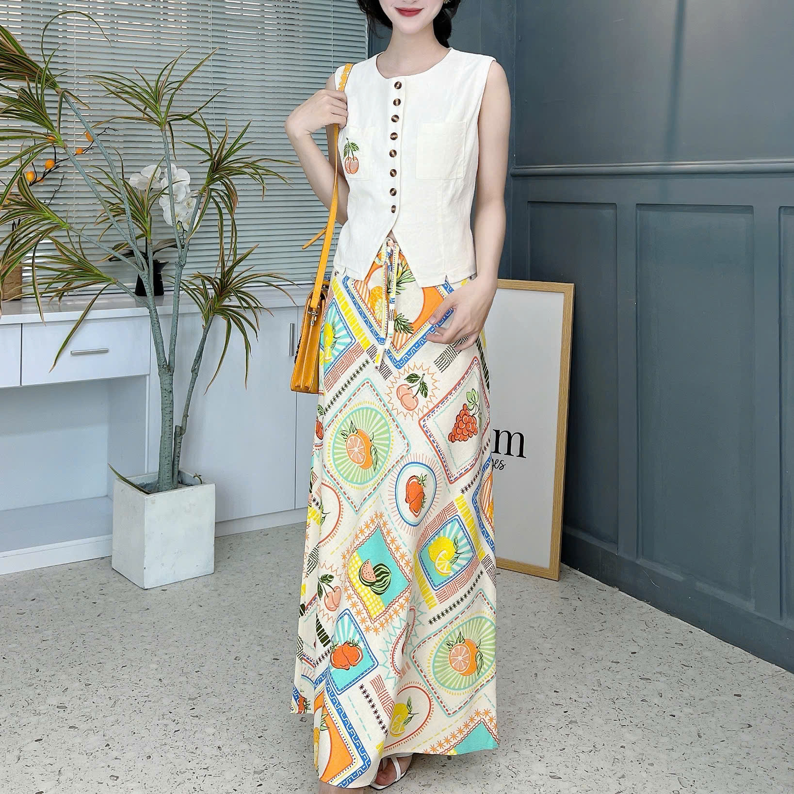 Set Bộ Thêu Áo Gile Mix Chân Váy Họa Tiết Chất Linen Đi Biển MIMIX - FE5