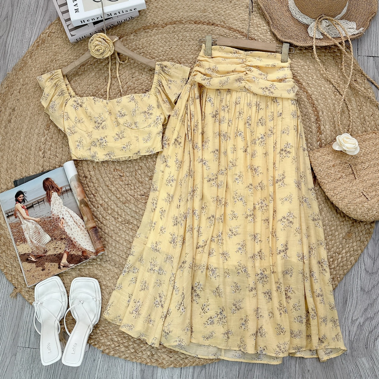 Set Váy Nữ Áo Croptop Tay Tiên Mix Chân Váy Nhún Eo Chất Tơ gân Đi Dạo Phố MIMIX - FF2