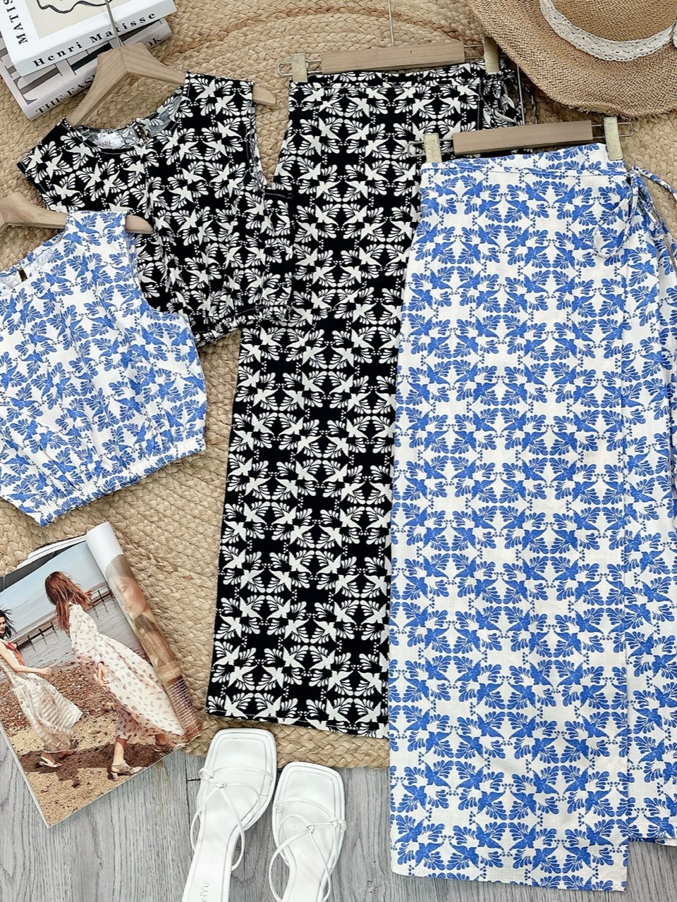 Set Váy Họa Tiết Nữ Áo Sát Nách Bo Eo Mix Chân Váy Đắp Vạt Chất Linen Đi Dạo Phố MIMIX - FF0