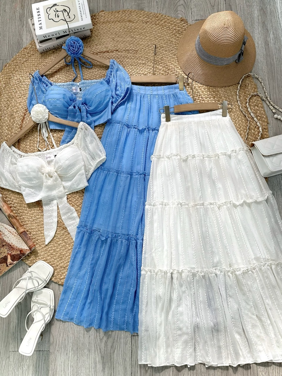 Set Áo Cúp Tay Ngắn Mix Chân Váy Dáng Dài Xòe Chất Tơ Thêu IC Đi Biển Đi Tiệc MIMIX - FG8