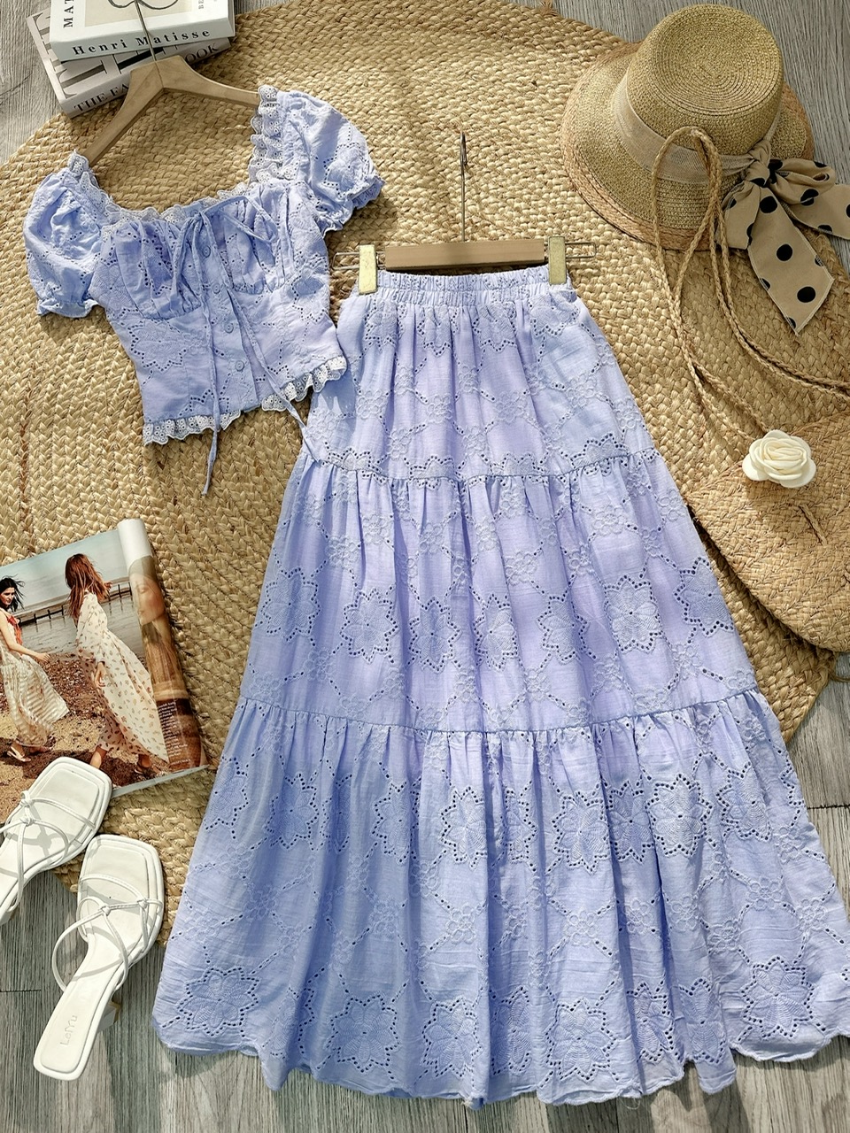 Set Váy Boi Áo Viền Bèo Mix Chân Váy Dáng Dài Chất Boi Cotton Đi Tiệc Đi Biển MIMIX  - FJ2