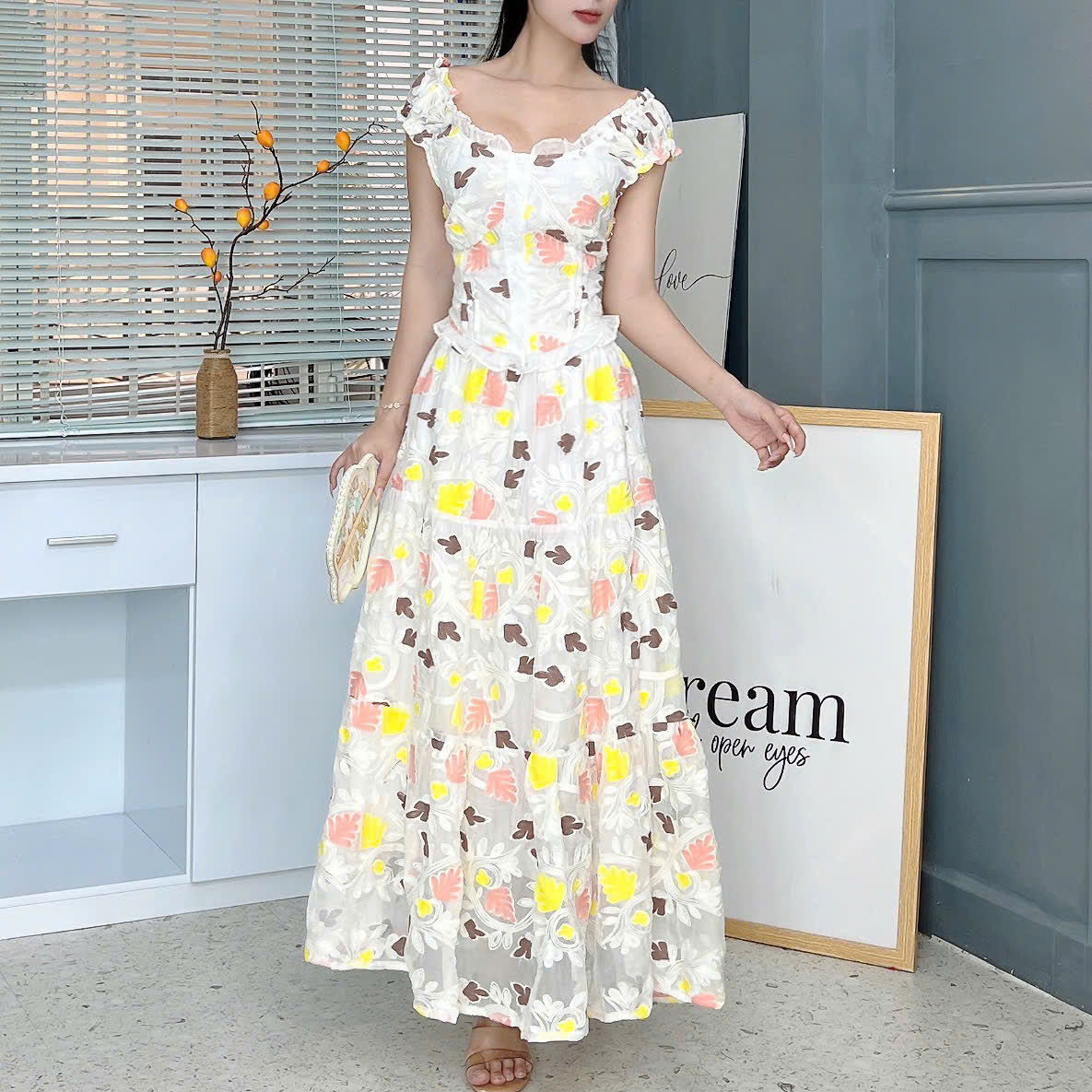 Set Váy Nữ Áo Lưng Bo Thun Mix Chân Váy Hoa Dáng Dài Chất Linen Ướt Đi Biển MIMIX - EW8