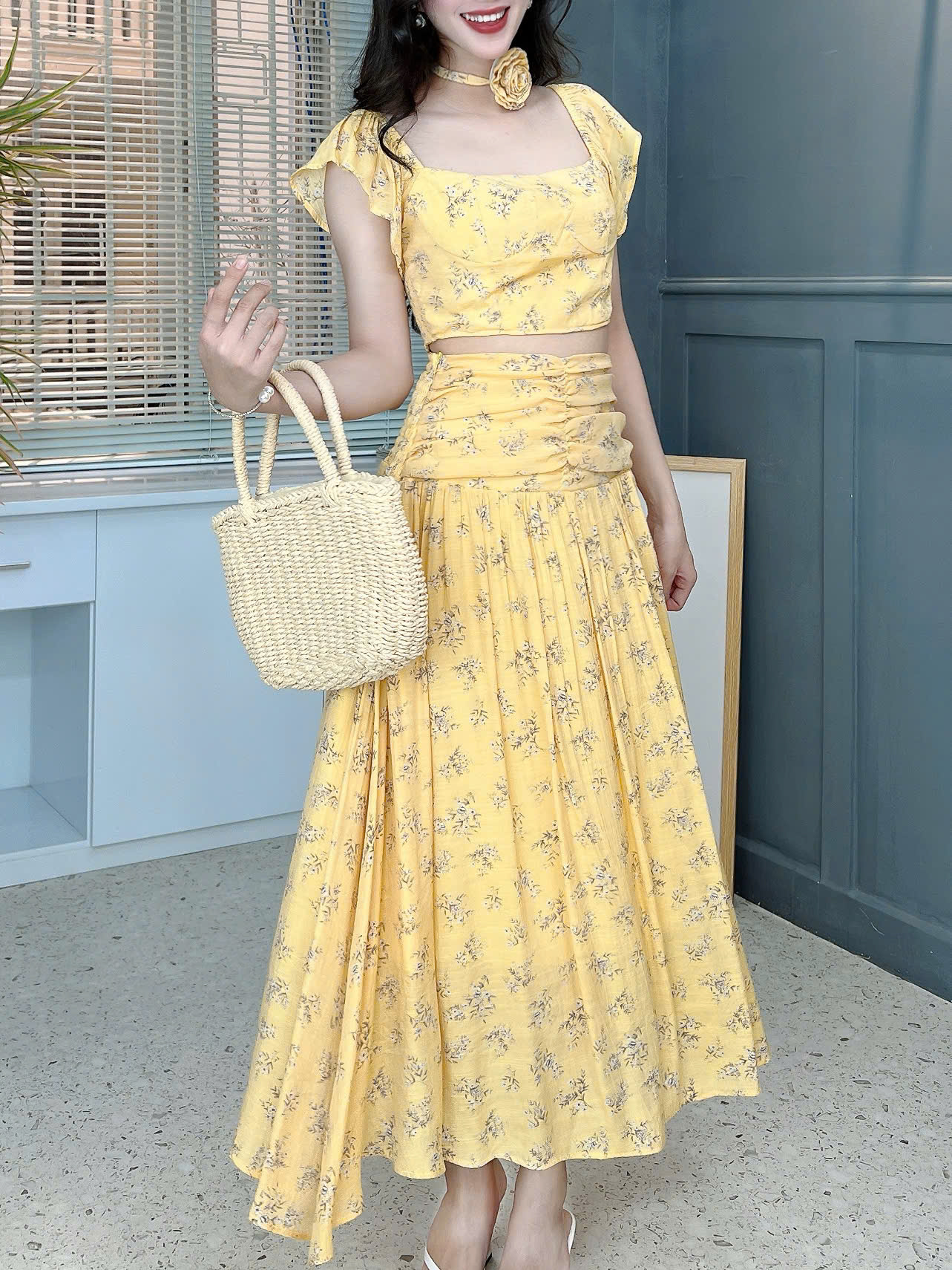 Set Váy Nữ Áo Croptop Tay Tiên Mix Chân Váy Nhún Eo Chất Tơ gân Đi Dạo Phố MIMIX - FF2