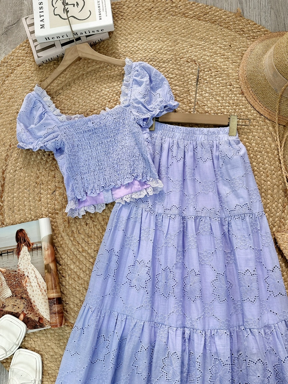 Set Váy Boi Áo Viền Bèo Mix Chân Váy Dáng Dài Chất Boi Cotton Đi Tiệc Đi Biển MIMIX  - FJ2