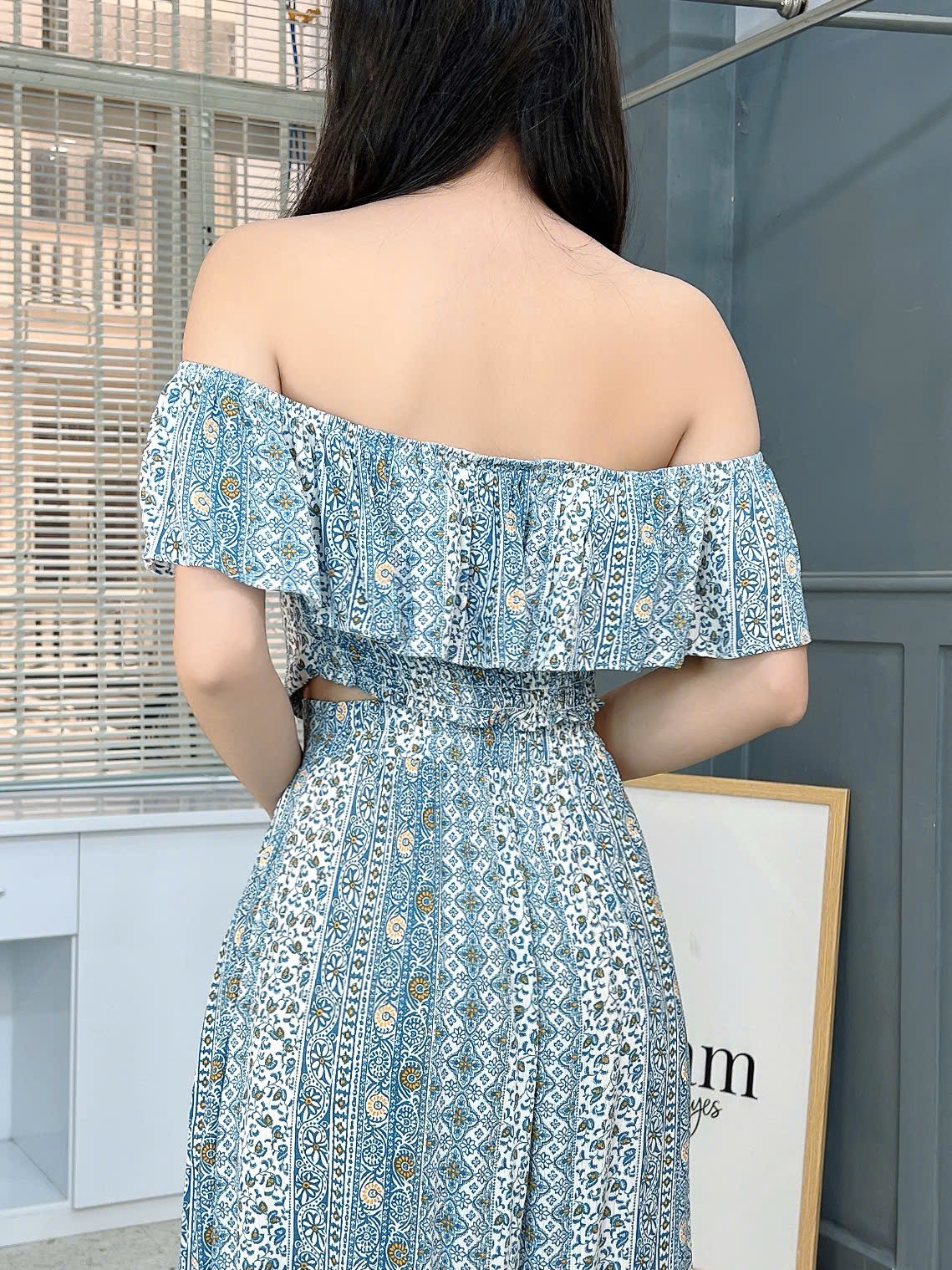 Set Bộ Nữ Áo Croptop Cổ Bèo Mix Quần Dáng Dài Họa Tiết Thổ Cẩm Chất Xô Gân Đi Biển MIMIX - FI6