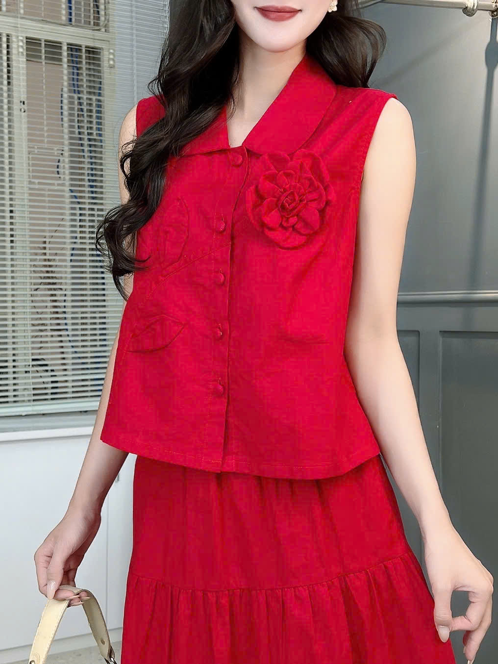 Set Váy Nữ Áo Cổ Sen Phối Hoa 3D Mix Chân Váy Dáng Dài Xòe Chất Linen Tưng Cotton Đi Tiệc MIMIX - FH3