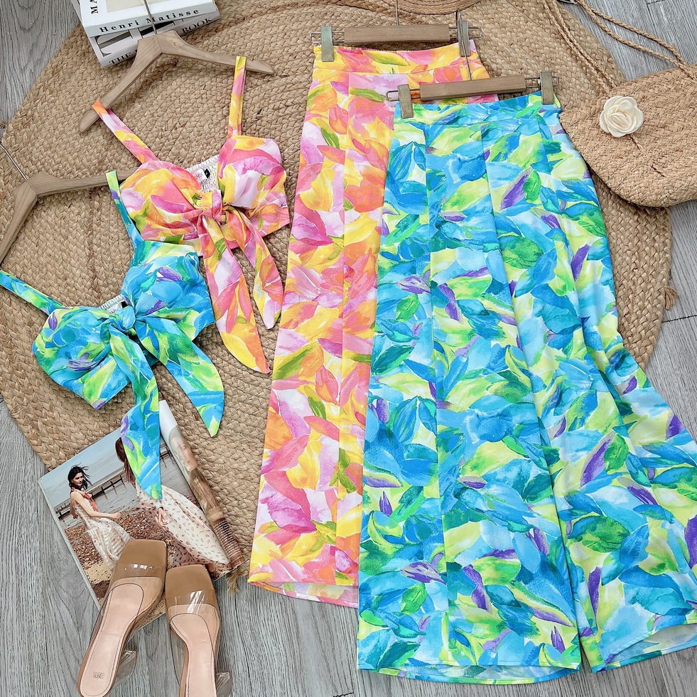Set Bộ Áo Cúp 2 Dây Mix Quần Dáng Dài Chất Lụa Mango Đi Biển MIMIX - FD5