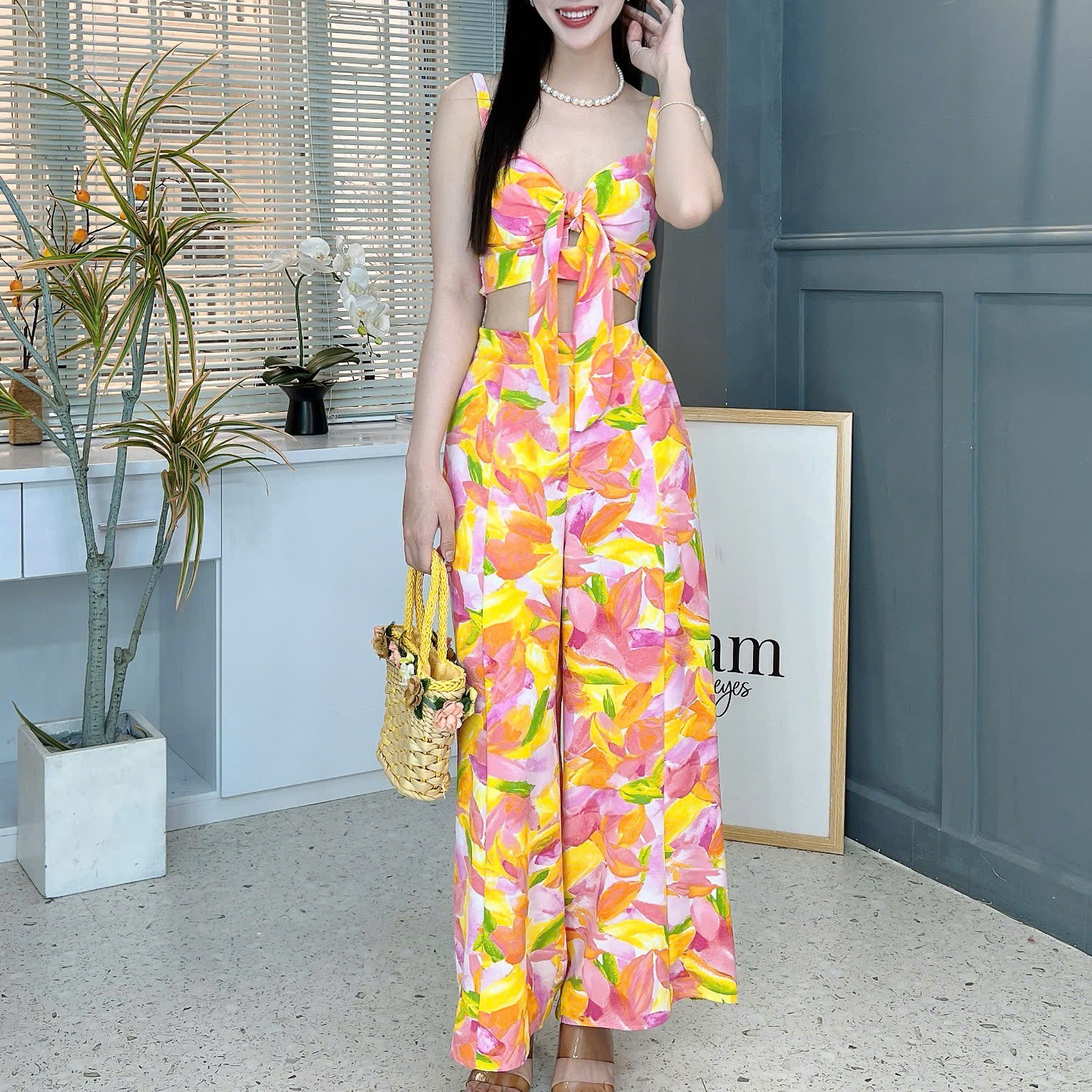 Set Bộ Áo Cúp 2 Dây Mix Quần Dáng Dài Chất Lụa Mango Đi Biển MIMIX - FD5