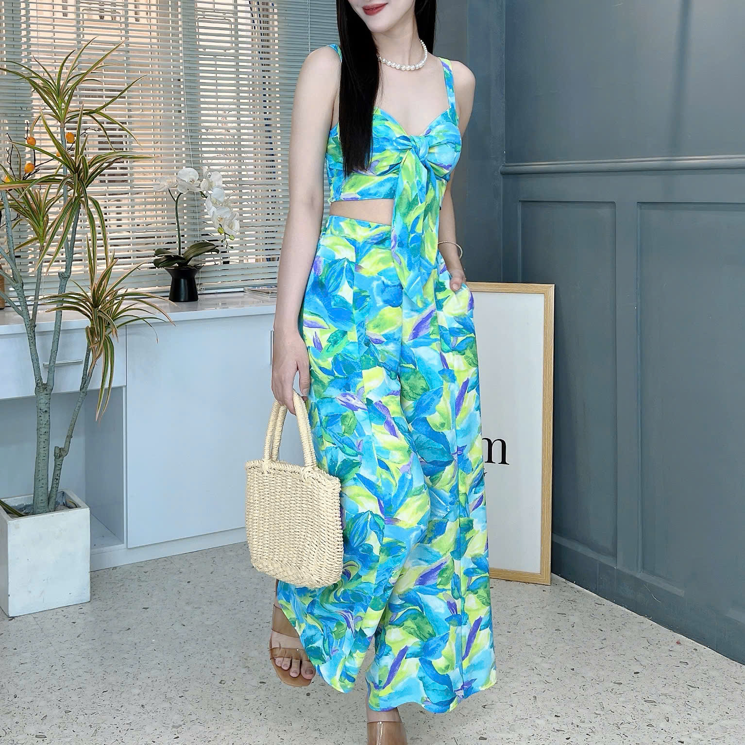 Set Bộ Áo Cúp 2 Dây Mix Quần Dáng Dài Chất Lụa Mango Đi Biển MIMIX - FD5