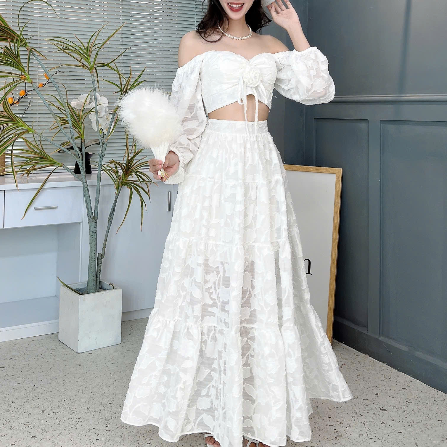 Set Bộ Váy Hoa Áo Croptop Tay Dài Mix Chân Váy Dáng Dài Chất Tơ Đi Du Lịch MIMIX - FD3