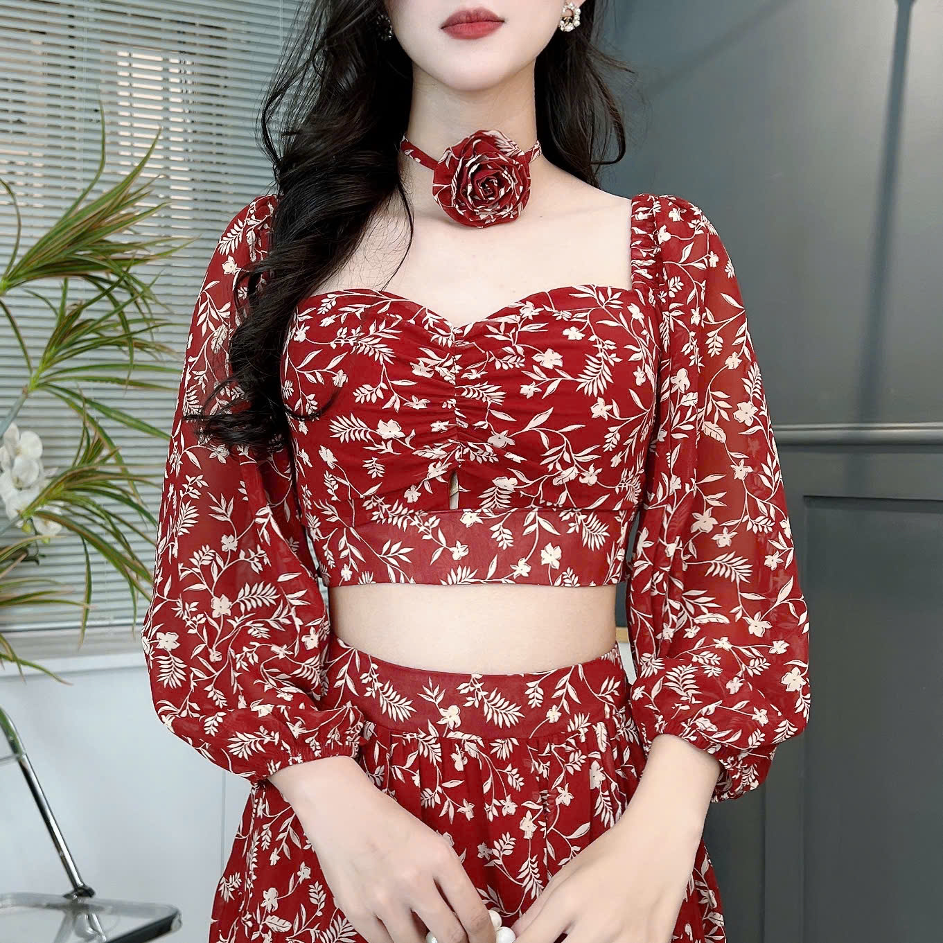 Set Bộ Váy Hoa Áo Croptop Tay Dài Mix Chân Váy Dáng Dài Chất Tơ Đi Du Lịch MIMIX - FD3