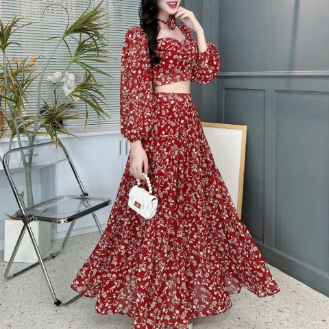 Set Bộ Váy Hoa Áo Croptop Tay Dài Mix Chân Váy Dáng Dài Chất Tơ Đi Du Lịch MIMIX - FD3