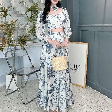 Set Bộ Váy Hoa Áo Croptop Tay Dài Mix Chân Váy Dáng Dài Chất Tơ Đi Du Lịch MIMIX - FD3