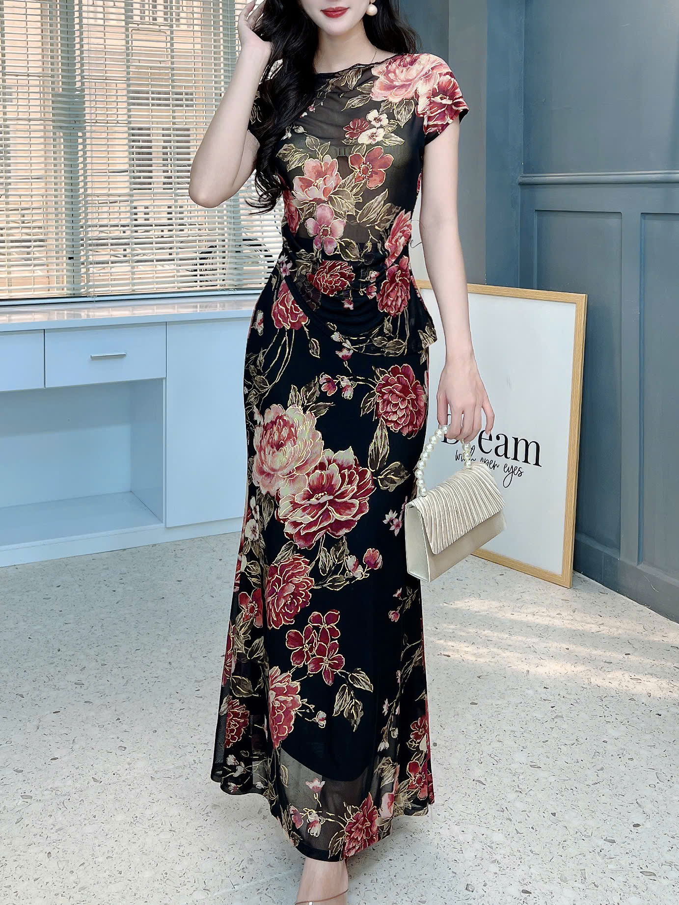 Set Bộ Váy Nữ Áo Tay Ngắn Mix Chân Váy Đuôi Cá Hoa Văn Nổi Bật Đi Tiệc MIMIX FN7