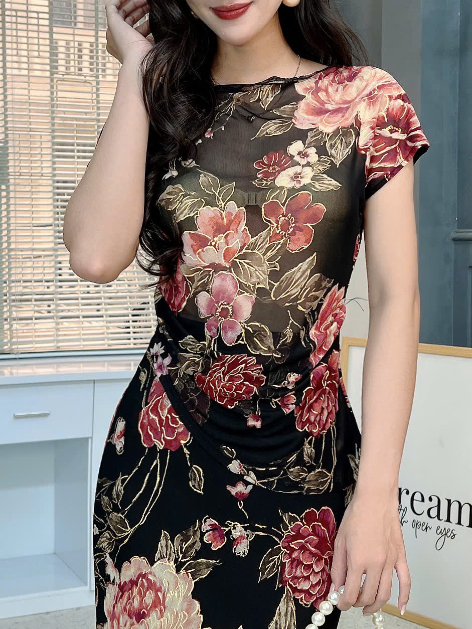 Set Bộ Váy Nữ Áo Tay Ngắn Mix Chân Váy Đuôi Cá Hoa Văn Nổi Bật Đi Tiệc MIMIX FN7