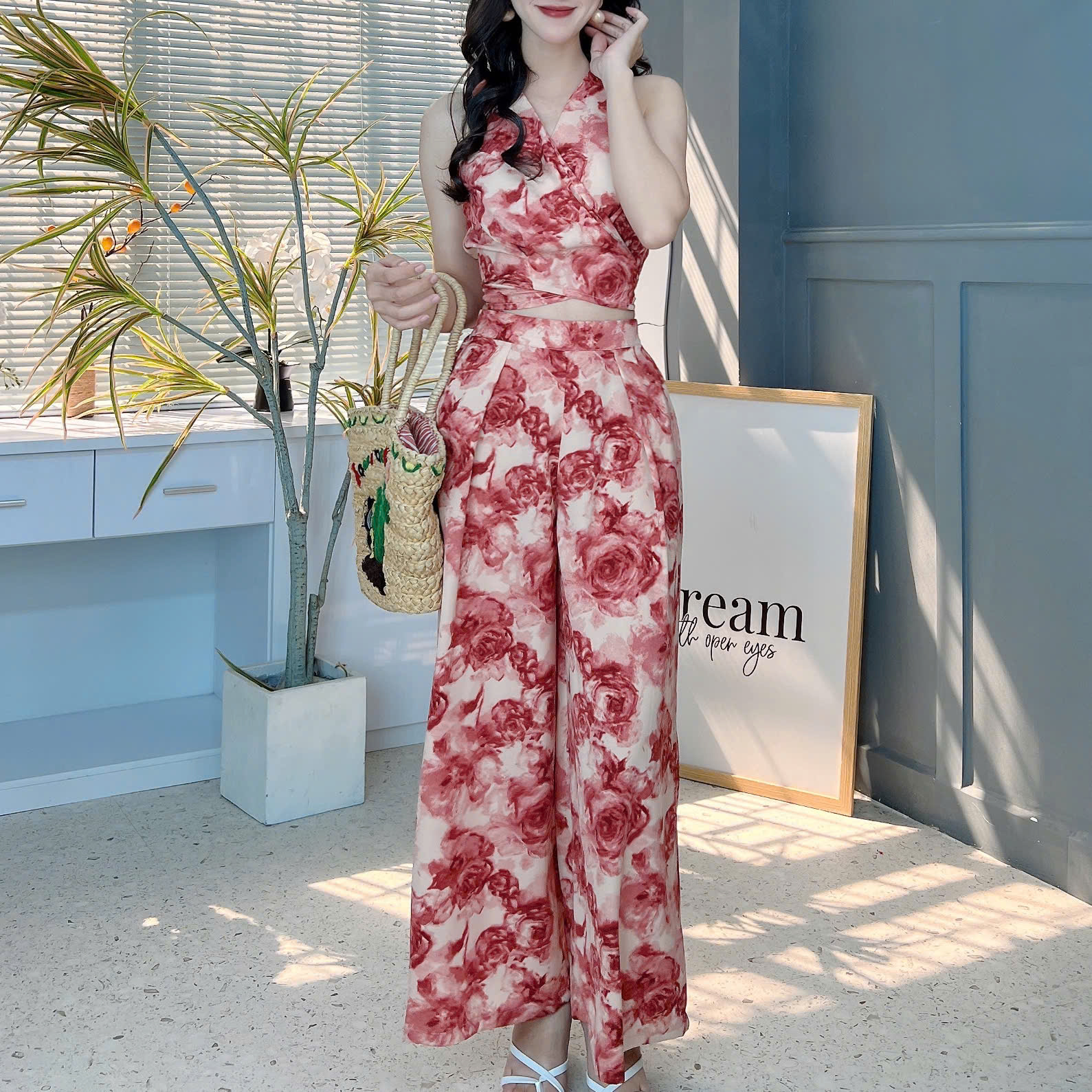 Set Bộ Lụa Mango Áo Đắp Chéo Mix Quần Dáng Dài Đi Du Lịch MIMIX - FE6