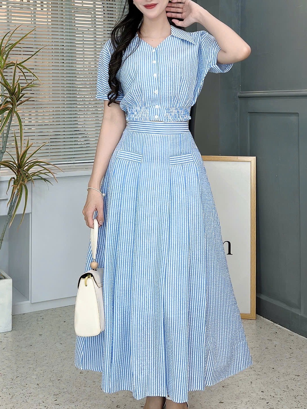 Set Váy Sọc Áo Sơ Mi Bo Eo Mix Chân Váy Dáng Dài Xòe Chất Cotton Đi Dạo Phố MIMIX - FB4
