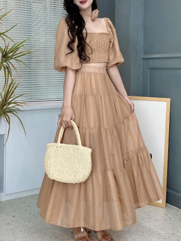 Set Váy Nữ Áo Smocking Tay Bồng Mix Chân Váy Dáng Dài Xòe Chất Tơ Sóng 3D Đi Biển MIMIX - FB3