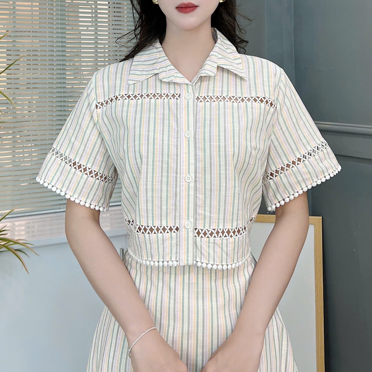 Set Váy Áo Sơ Mi Mix Chân Váy Phối Ren Dáng Dài Xòe Chất Linen Đi Dạo Phố MIMIX - FB9