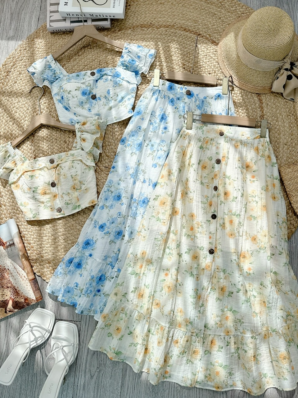 Set Váy Hoa Áo Tay Tiên Đính Nút Mix Chân Váy Dáng Dài Xòe Chất Tơ Cotton Đi Biển MIMIX - FF8